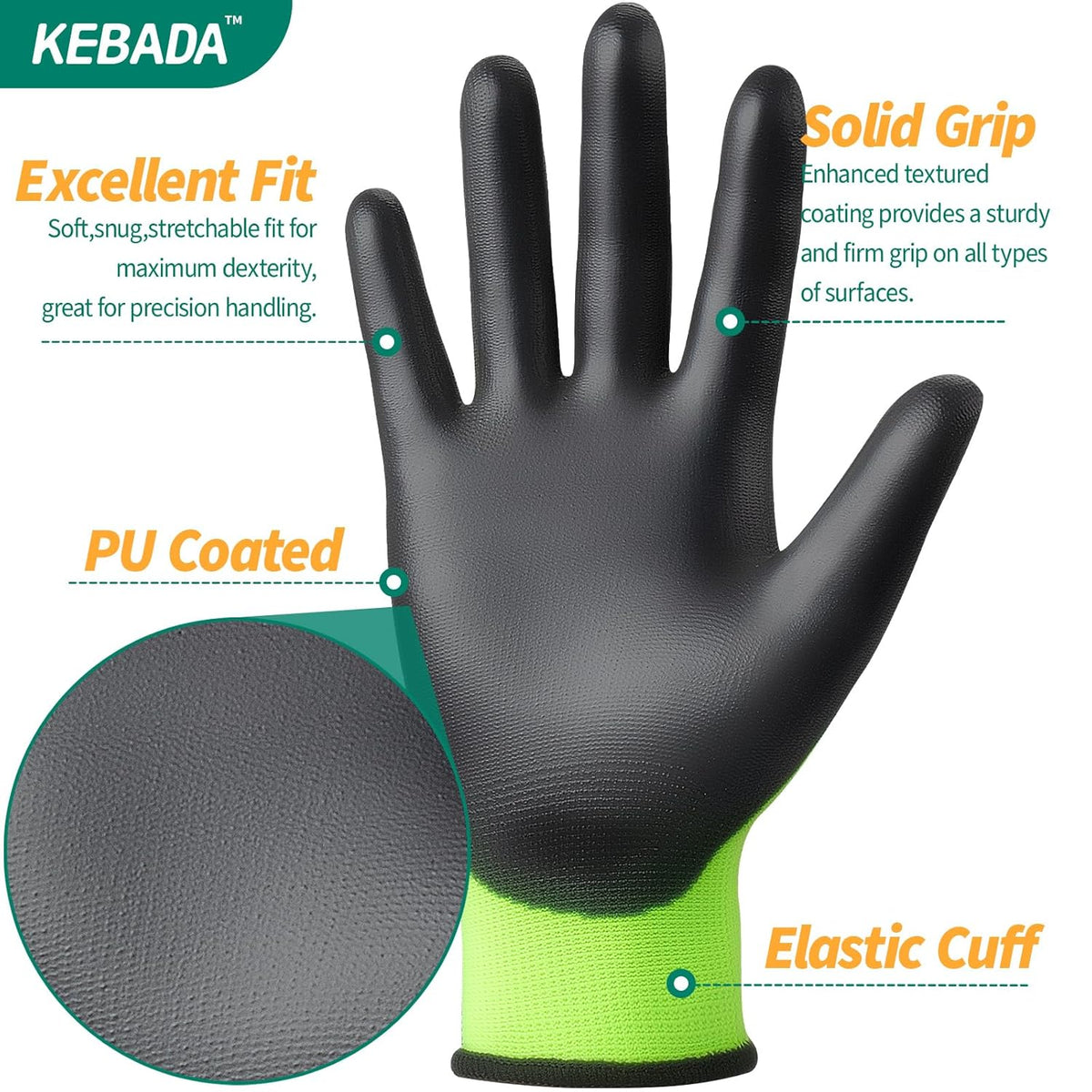 Kebada W1 Work Gloves for Men and Women, Touchscreen PU Coated Gloves with Grip, 50 Pairs Bulk