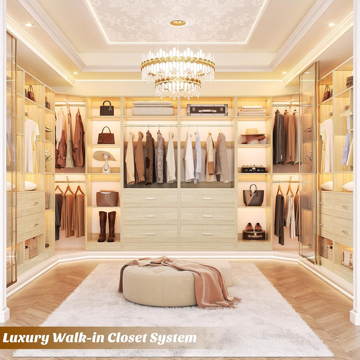Corner Closet System with 6 Drawers, Closet Organizer System with 14 Shelves & 4 Hanging Rods