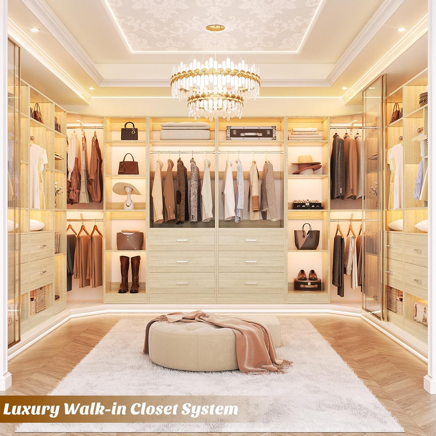 Corner Closet System with 3 Drawers, Corner Closet Organizer System with 13 Shelves & 3 Hanging