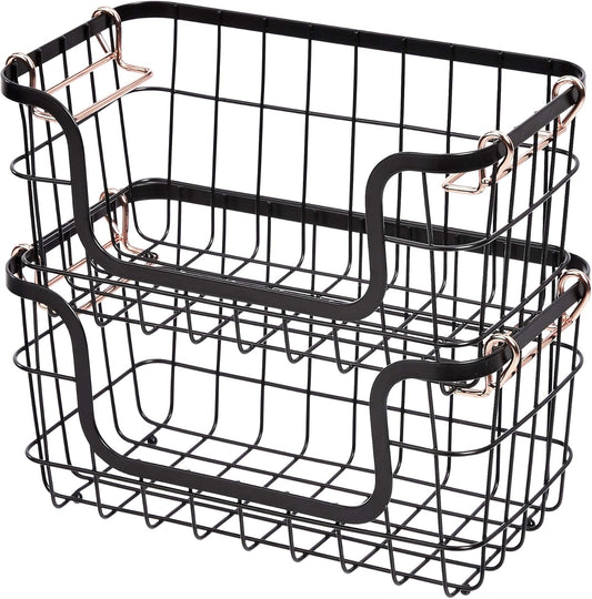 Amazon Basics Stackable Metal Wire Rectangular Storage Basket Set For Kitchen or Bathroom, 2 Count