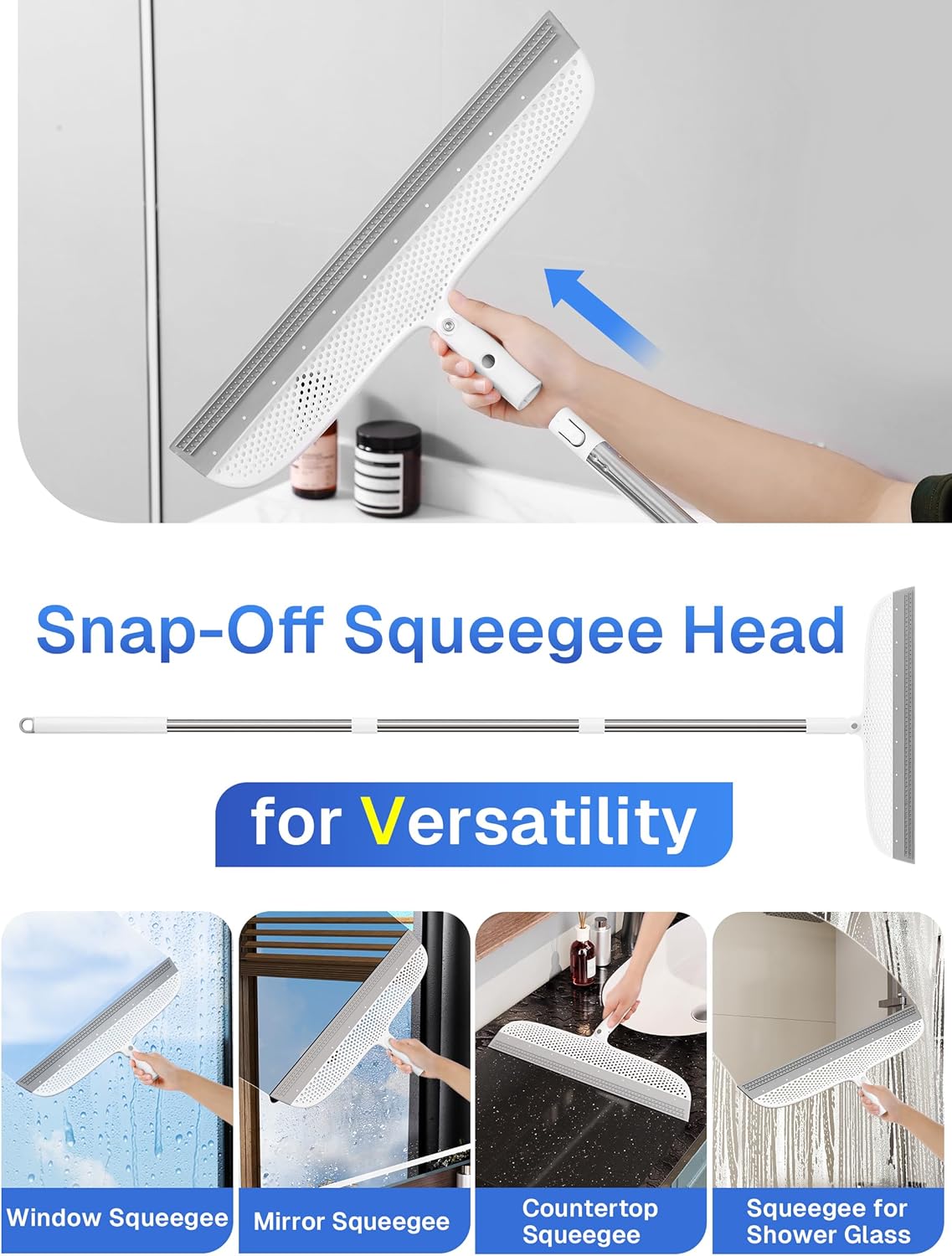 Silicone Floor Squeegee & Broom – Long Handle Hair Remover for Water, Pet Hair – for Bathroom