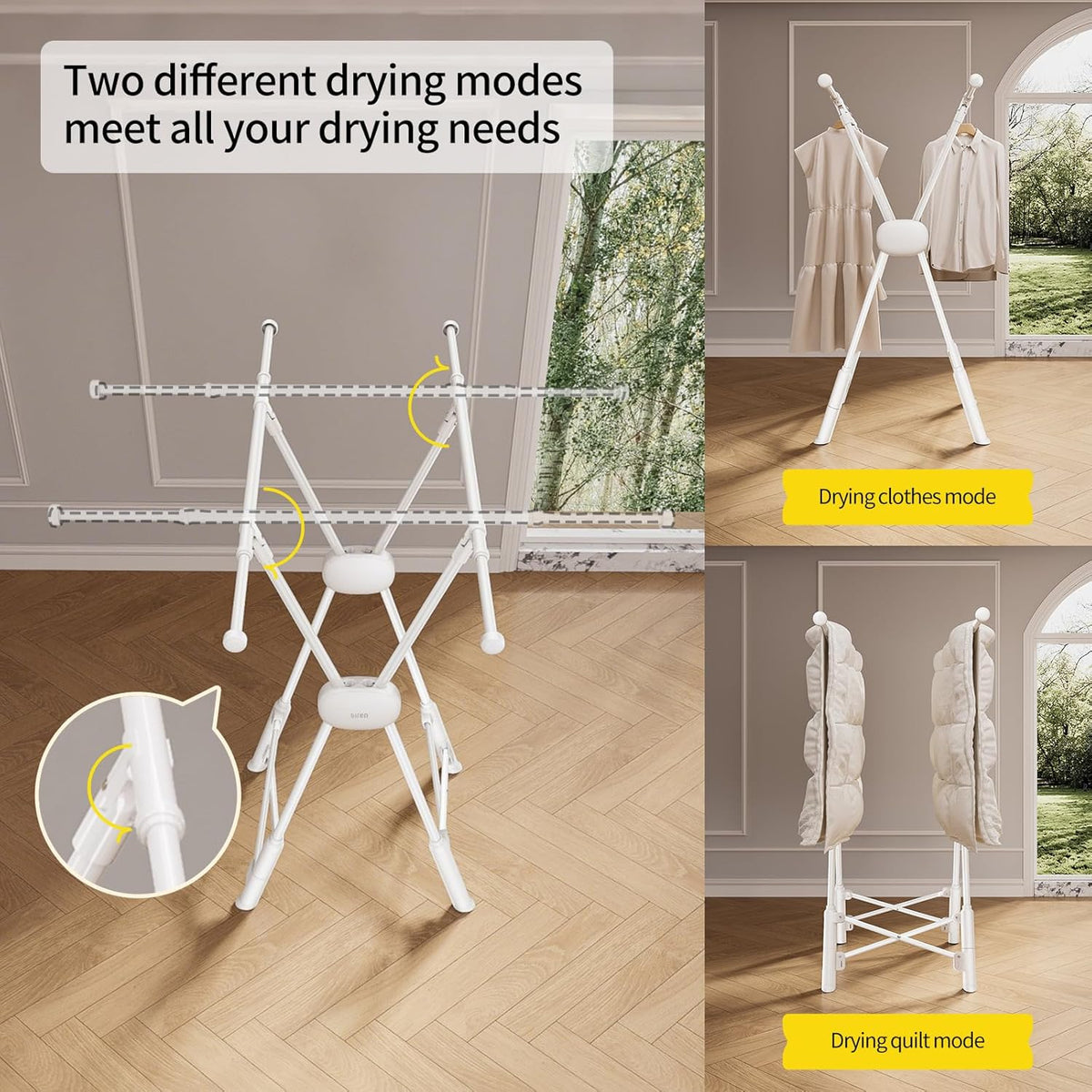 BIREN Clothes Drying Rack Heavy Duty Clothing Racks Extending Laundry Rack Two Drying Modes Garment