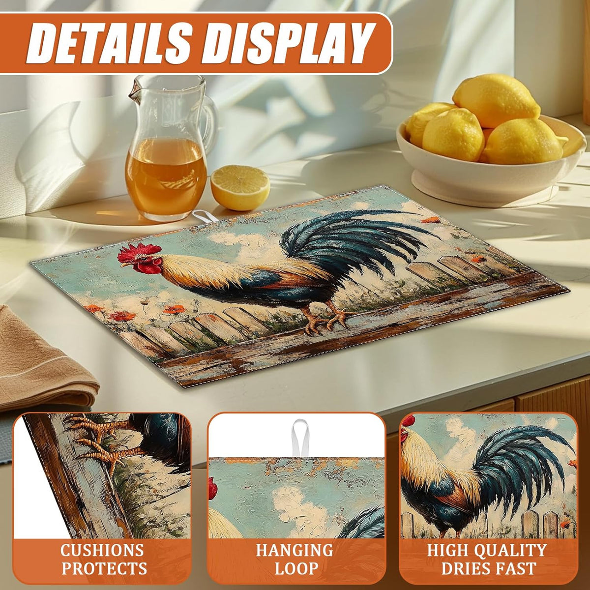 Vintage Rooster Dish Drying Mat for Kitchen Counter Microfiber Absorbent Dish Kitchen Drying Mat
