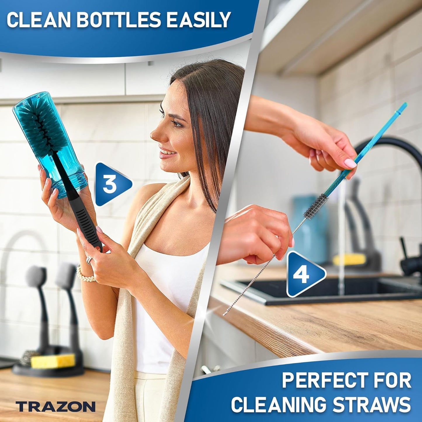 Dish Brush Set of 5 with Holder - Kitchen Scrub Brushes with Non-Slip Long Handle for Cleaning