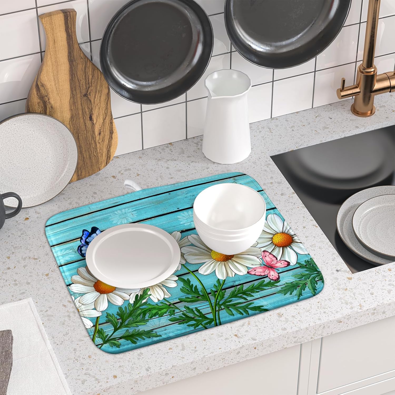 Spring Daisy Floral Dish Drying Mat for Kitchen Counter 16x18in Turquoise Daisy Old Wooden Board