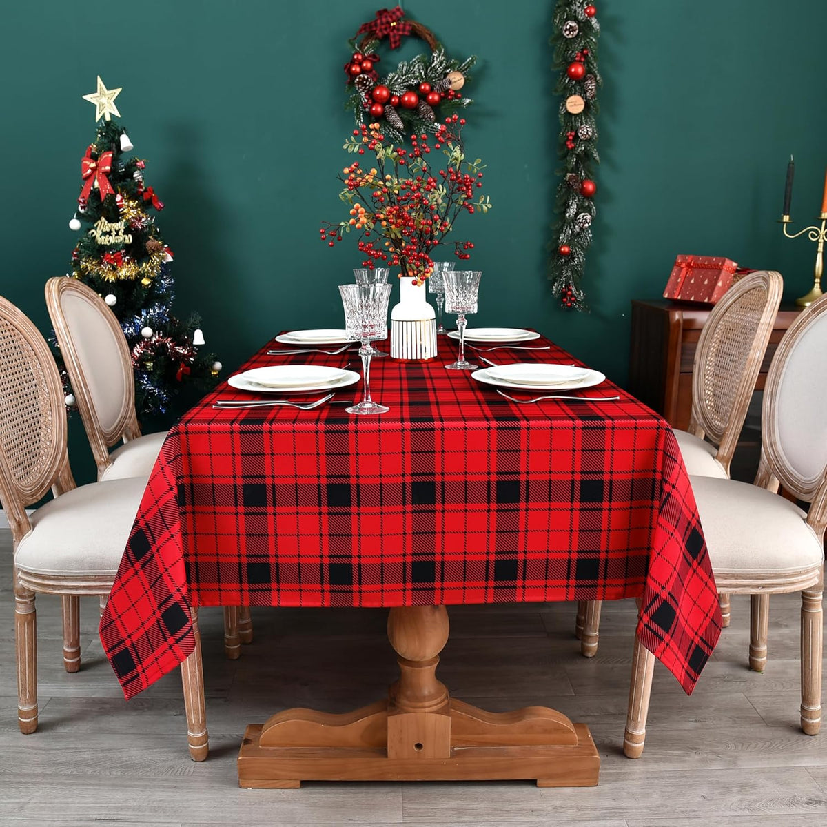 Waterproof Checkered Tablecloth Fabric - Rectangle 58x84 Inch Christmas Plaid Table Cloth for