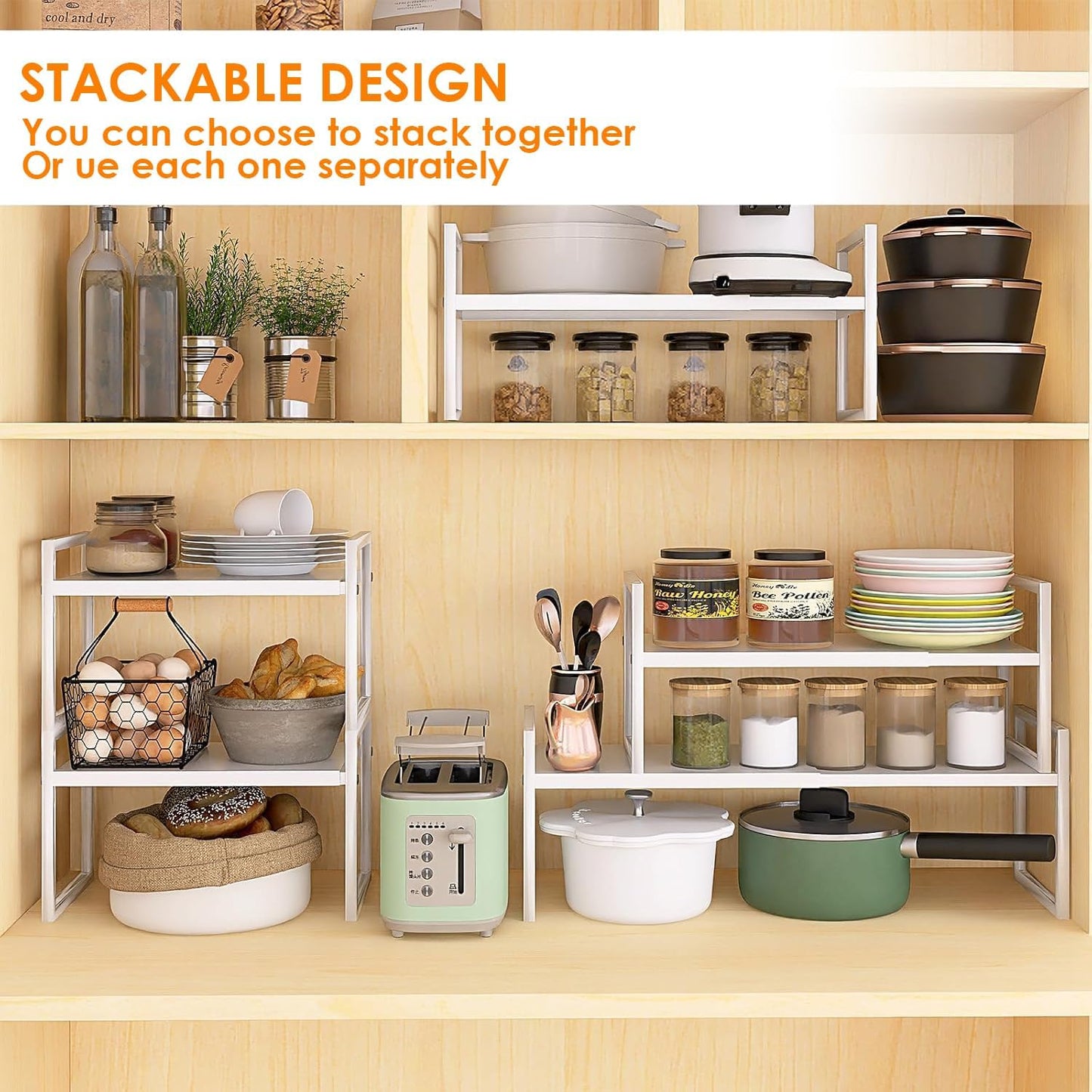 DOLALIKE Expandable Kitchen Countertop Organizer, Stackable Cabinet Shelf Organizers, Space Saving