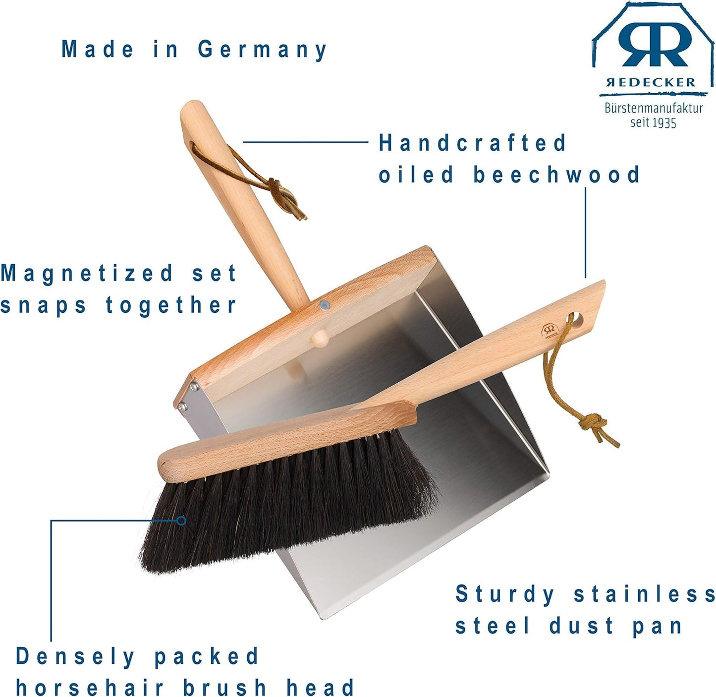 REDECKER Horsehair Fiber Hand Brush and Dust Pan Set, Heavy Duty Broom and Dustpan Combo for Home