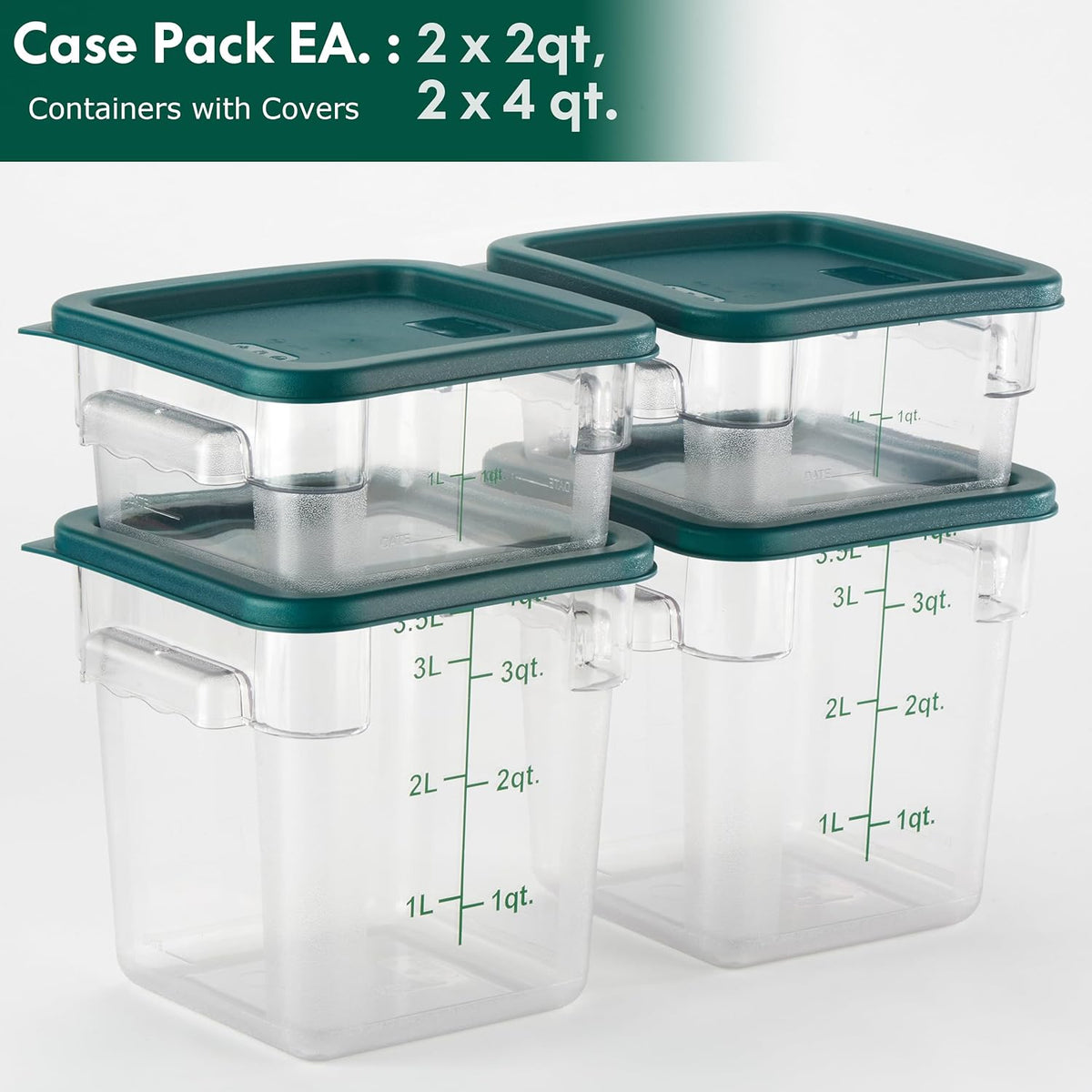 CURTA 4-Pack Food Storage Containers with Green Lids - 2 Qt & 4 Qt Square Clear Polycarbonate - NSF