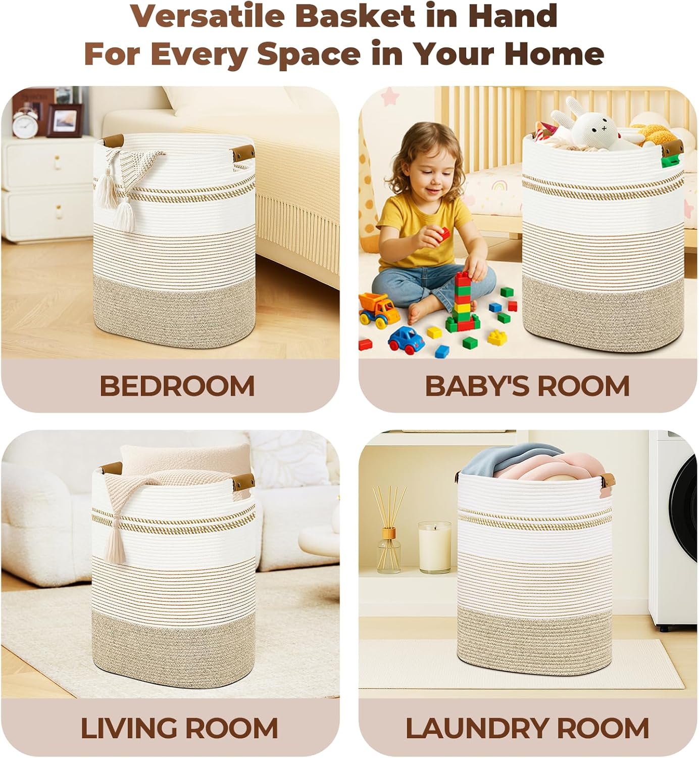 Laundry Basket with Handles - Blanket Basket & Hampers for Bedroom Aesthetic, Laundry Hamper &
