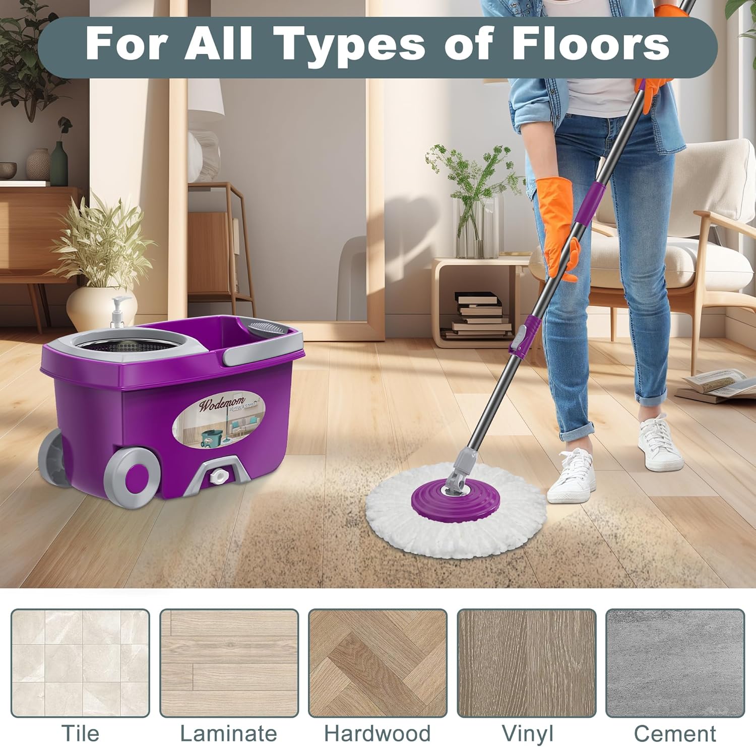 Dual Compartment Spin Mop and Bucket, Mop and Bucket with Wringer Set,360°Rotating Spinning Mopping