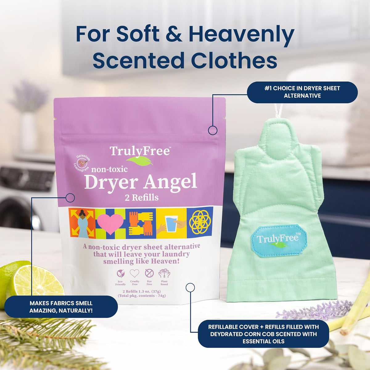 Truly Free Dryer Angel - Natural Dryer Sheet Alternative, Non-Toxic Reusable Fabric Softener Sheets