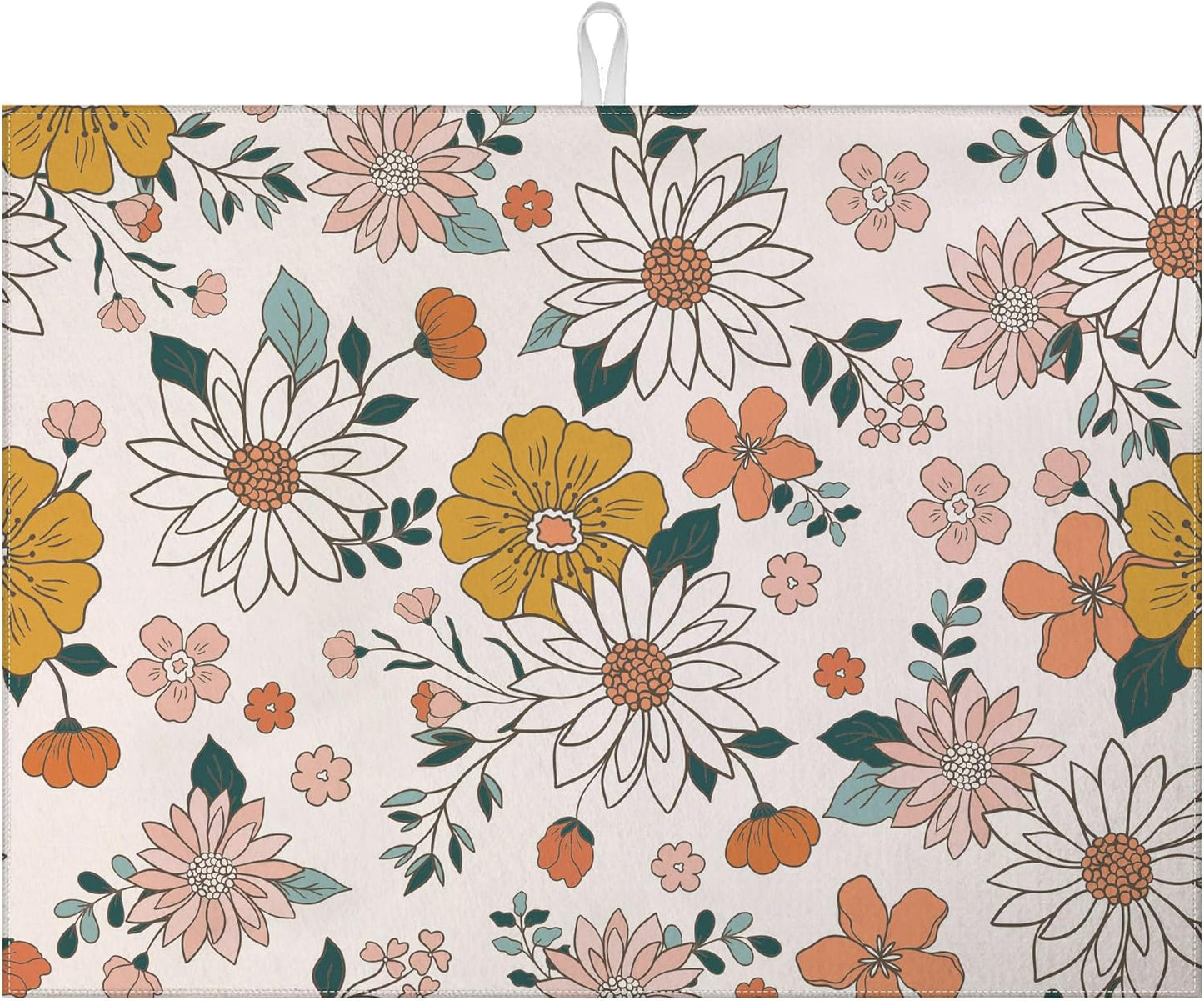 Boho Flower Dish Drying Mat for Kitchen Counter Microfiber Absorbent Dish Kitchen Drying Mat