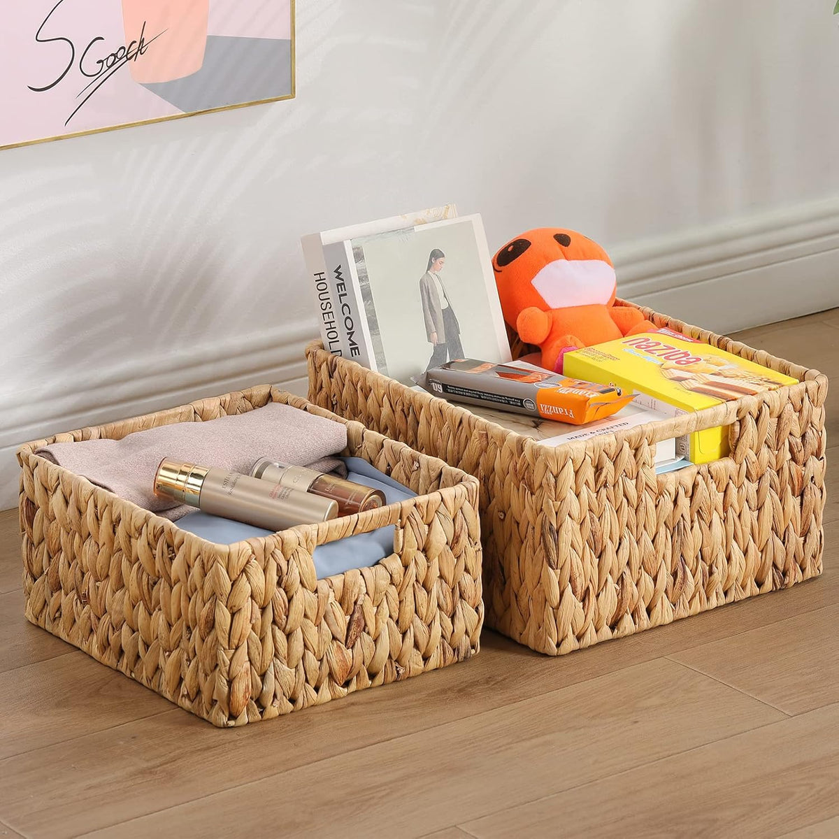 HOONEX Water Hyacinth Storage Baskets, Wicker Baskets for Organizing, Hand Woven Baskets with Carry