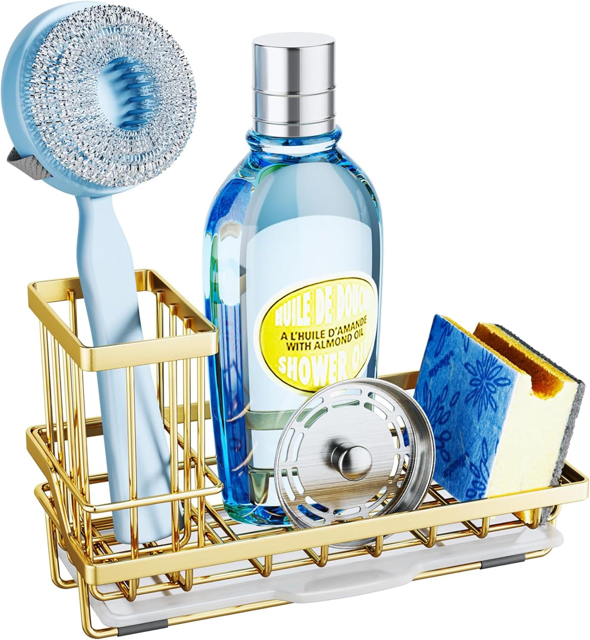 SWTYMIKI Sink Caddy Kitchen Sink Organizer with Detachable Brush Holder, Stainless Steel Sponge