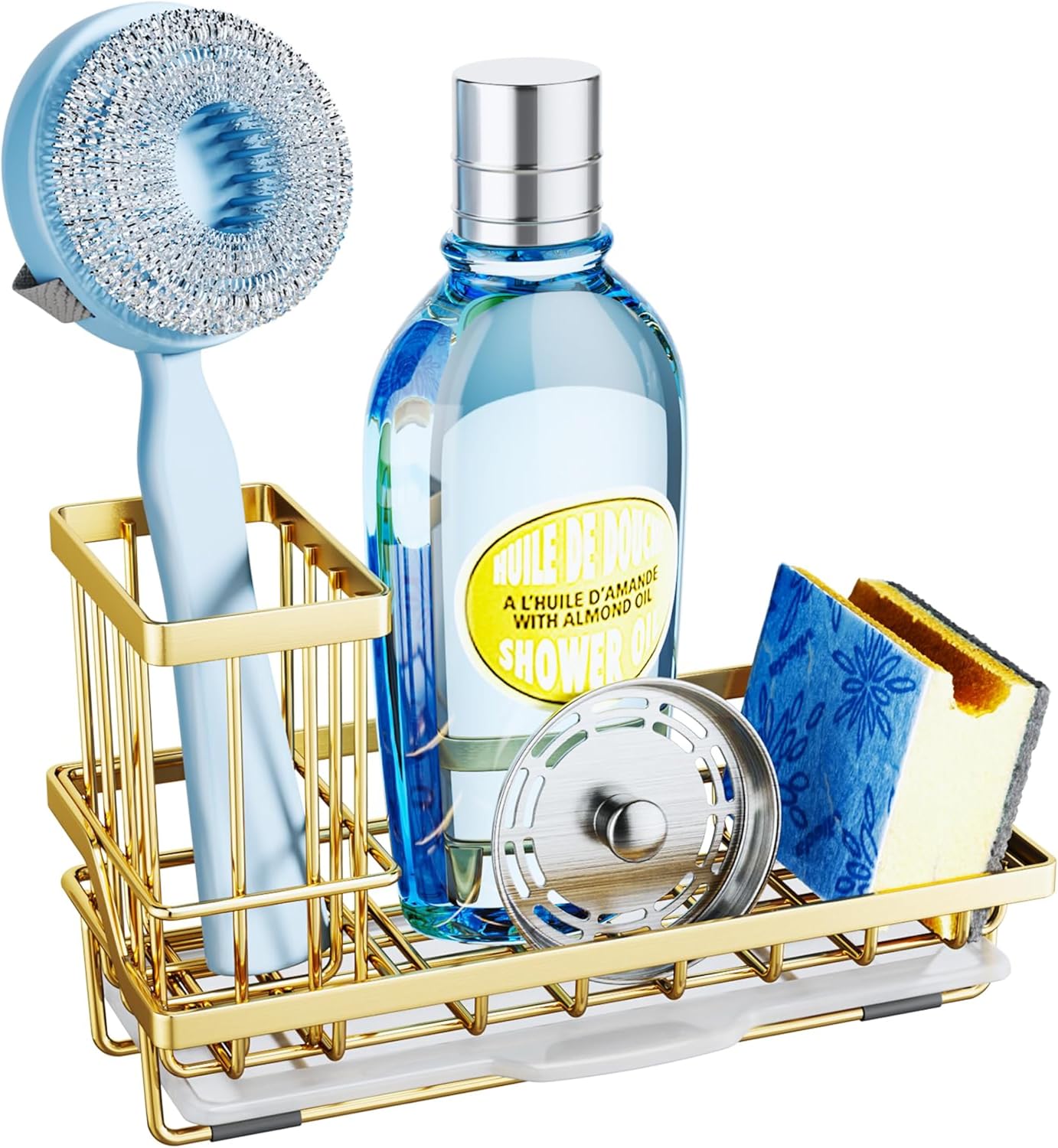 SWTYMIKI Sink Caddy Kitchen Sink Organizer with Detachable Brush Holder, Stainless Steel Sponge