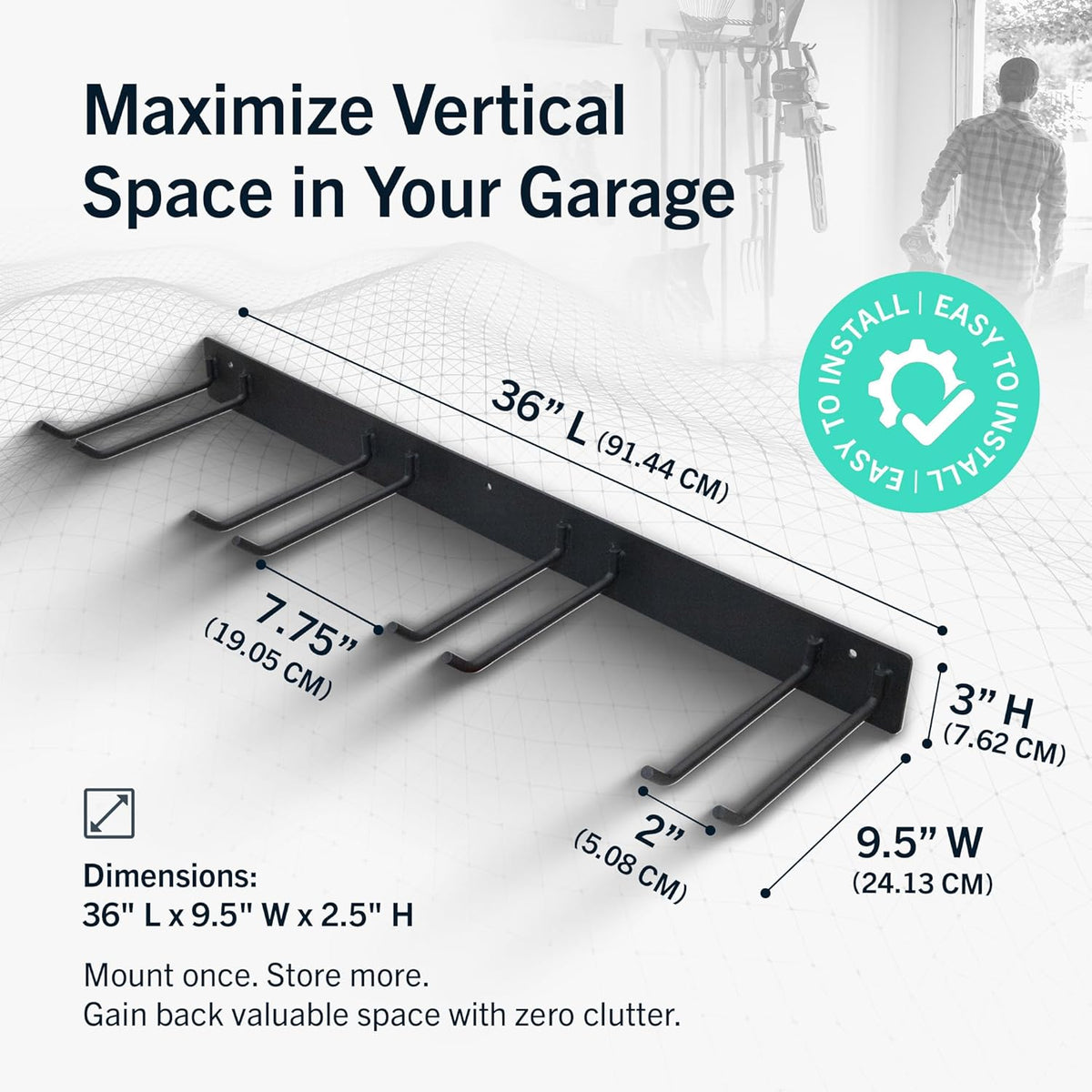 StoreYourBoard Wall-Mounted Rack With 4 Garage Hooks – Heavy-Duty Steel Holder Garage & Garden