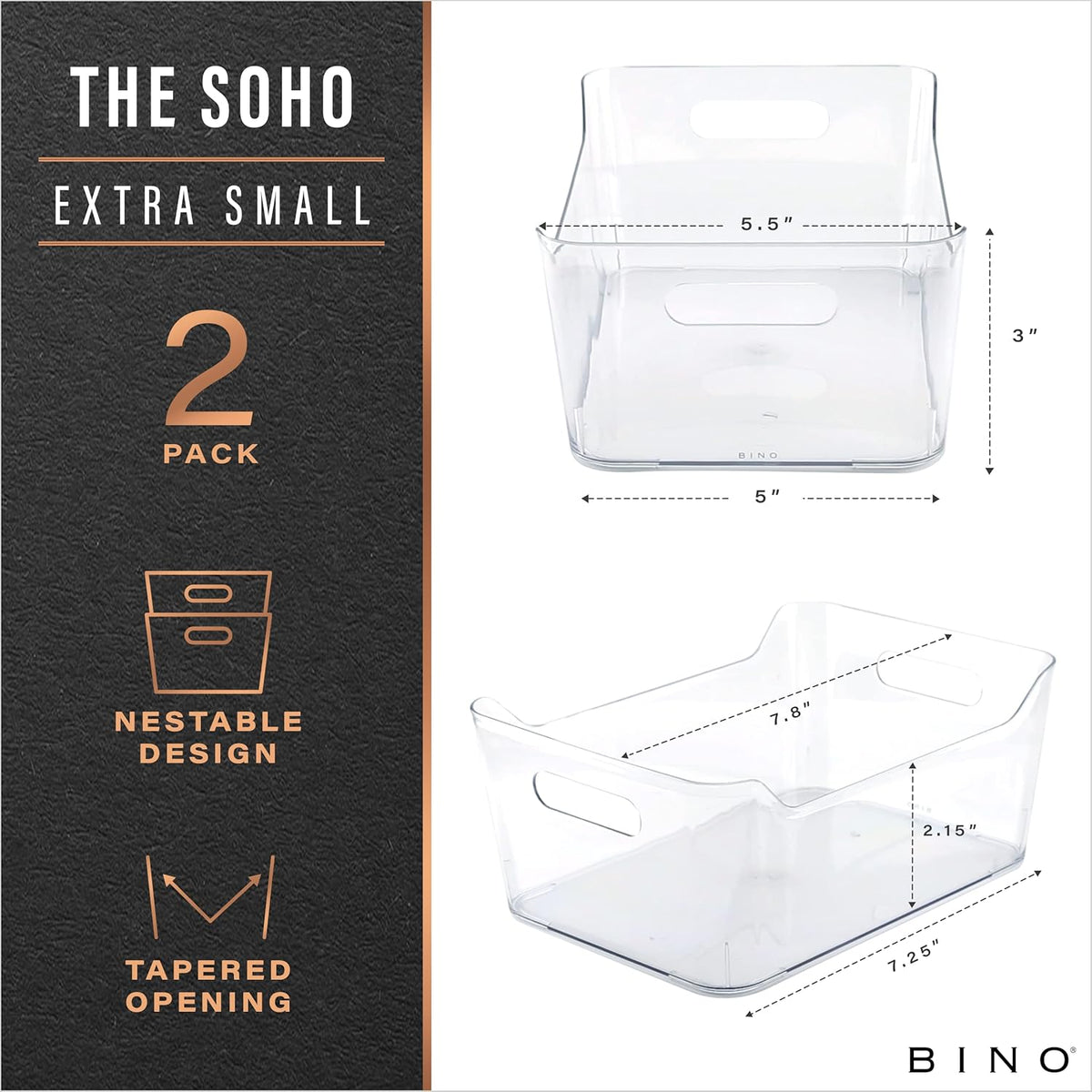 BINO | The SOHO Collection Plastic Storage Bins, X-Small - 2 Pack, Clear | Pantry and Fridge