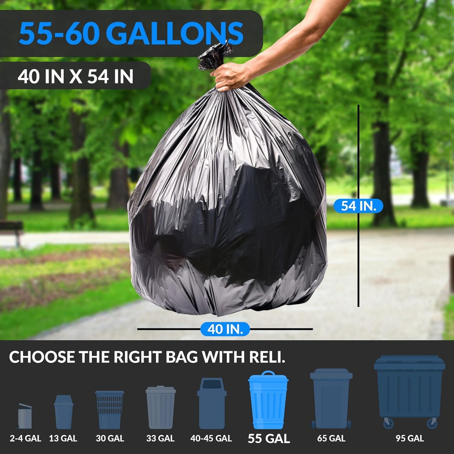 Reli. 55-60 Gallon Trash Bags Heavy Duty | 150 Count | 50-60 Gallon | Large Black Garbage Bags |