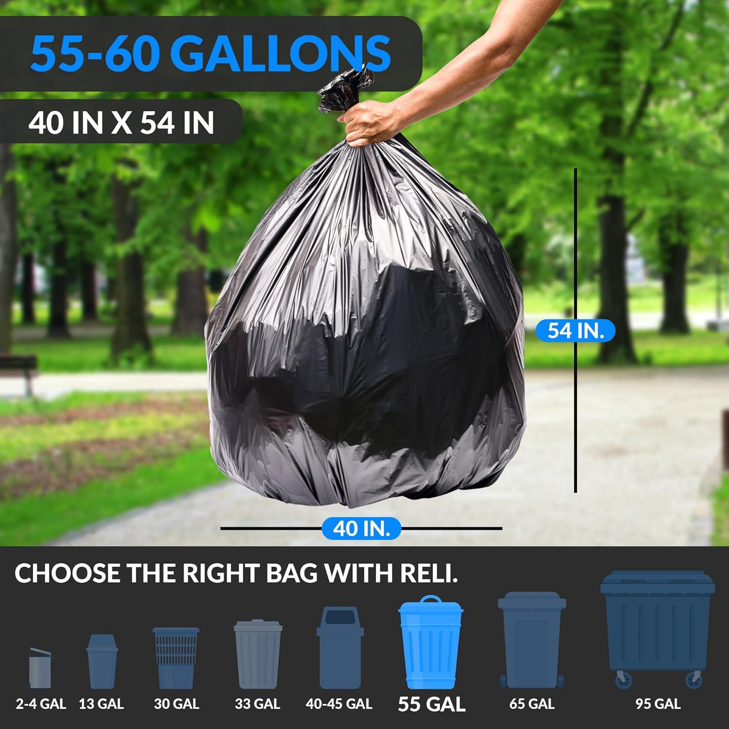 Reli. 55-60 Gallon Trash Bags Heavy Duty | 150 Count | 50-60 Gallon | Large Black Garbage Bags |