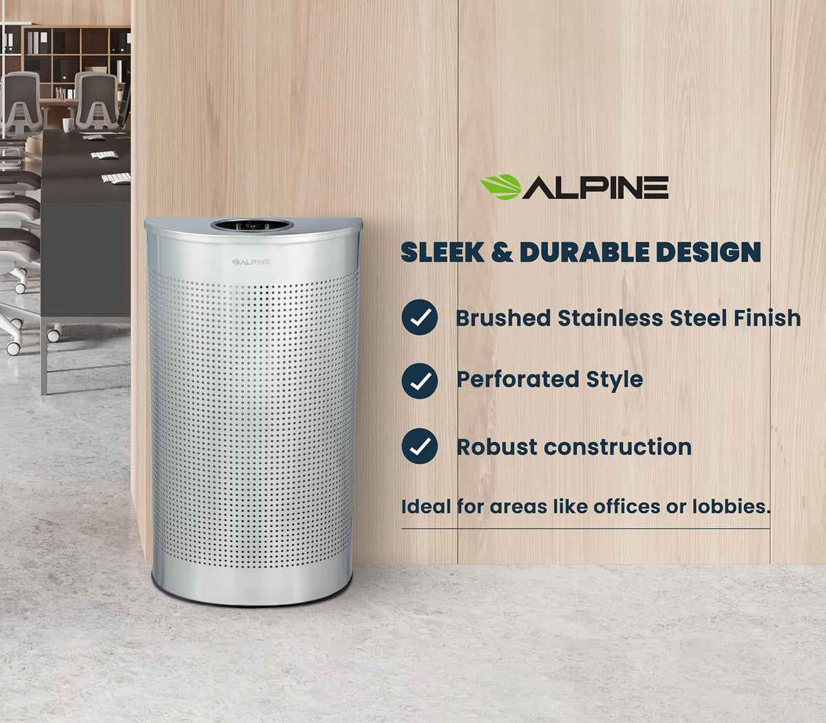 Alpine Half Round Trash Can Open Top - Modern 12 Gallon Stainless Steel Space Saving Indoor