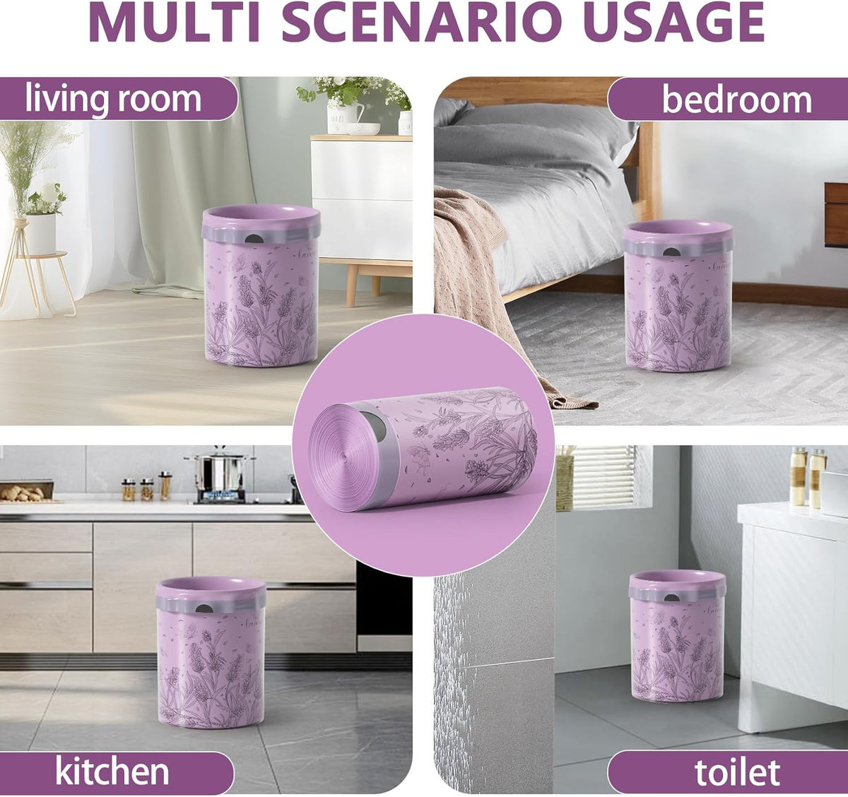 VOK 13 Gallon Trash Bags with Lavender Print & Drawstring, Tear-Resistant Tall Kitchen Garbage