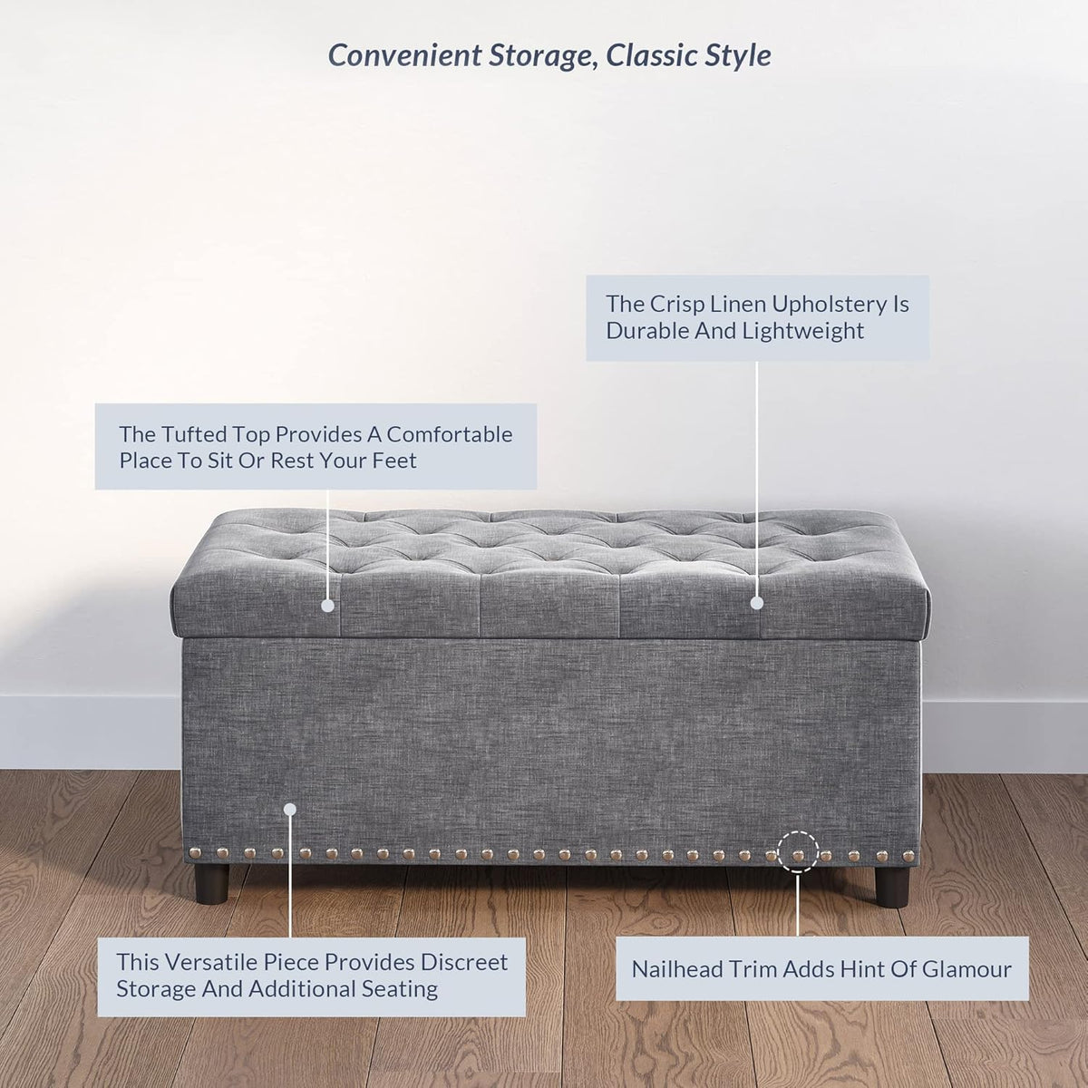 BELLEZE 35" Tufted Ottoman, Storage Bench with Safety Close Hinge, Ottoman with Storage for Living