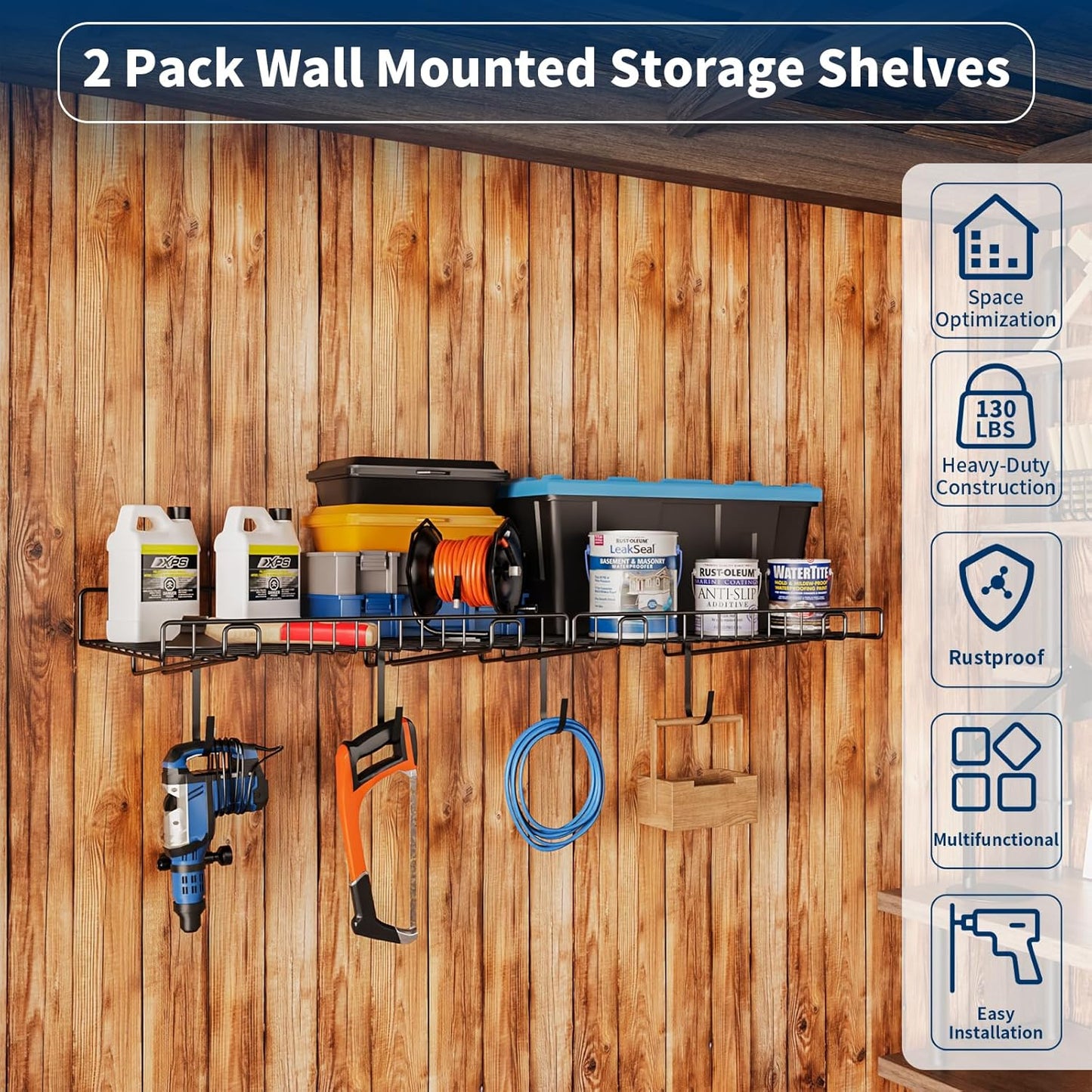 2 Pack Garage Wall Shelf, Wall Mounted Storage Shelves, Heavy Duty Metal Shelves for Room Wall
