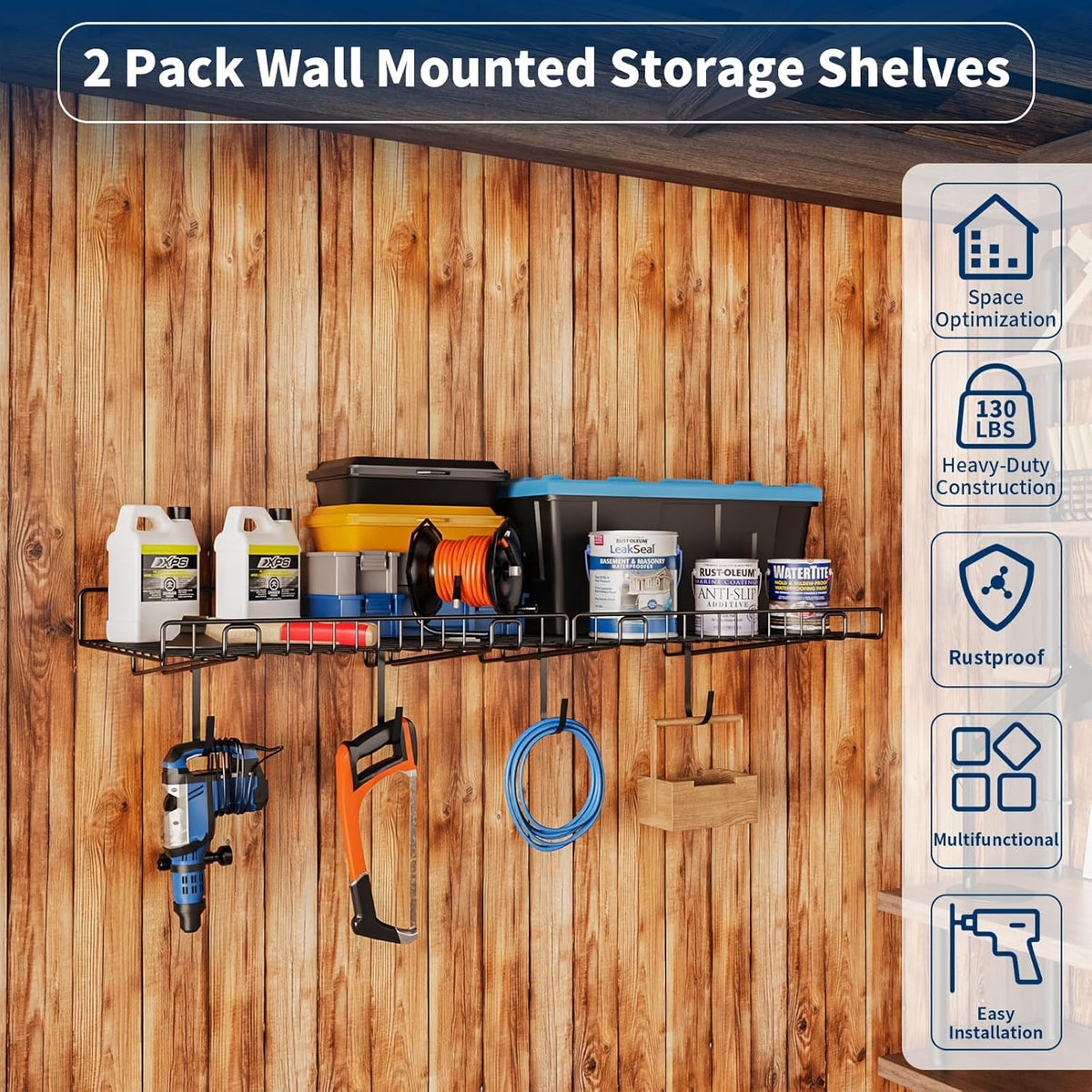 2 Pack Garage Wall Shelf, Wall Mounted Storage Shelves, Heavy Duty Metal Shelves for Room Wall