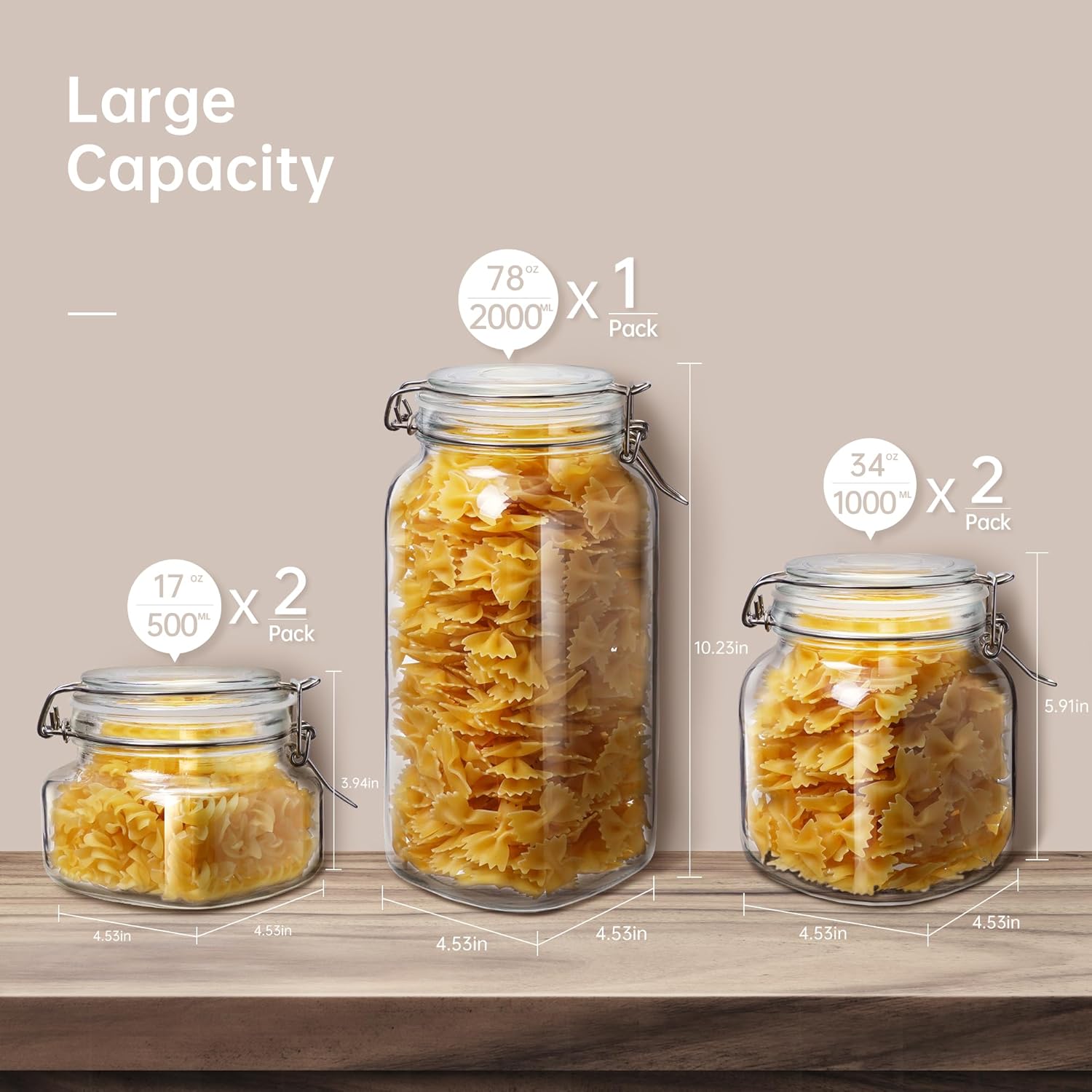 Multi Size - 5 Pack Square Glass Jars with Airtight Lid, Wide Mouth Mason Jars with Clamp Lids, Air