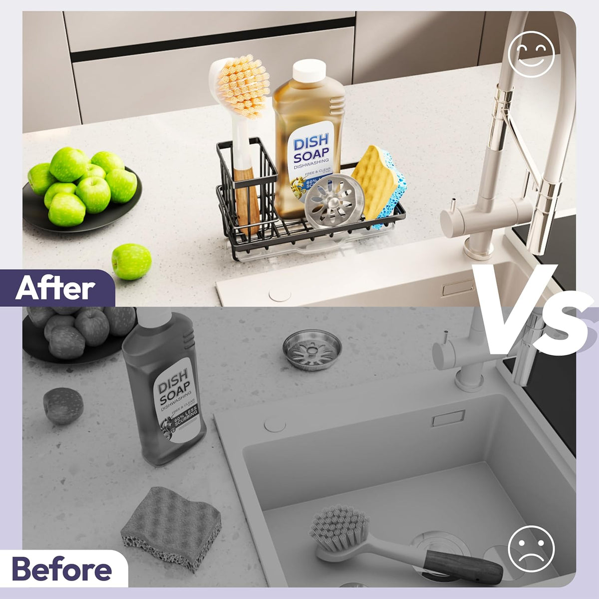 SWTYMIKI Sink Caddy Sponge Holder - Kitchen Sink Organizer with High Brush Holder for Countertop to