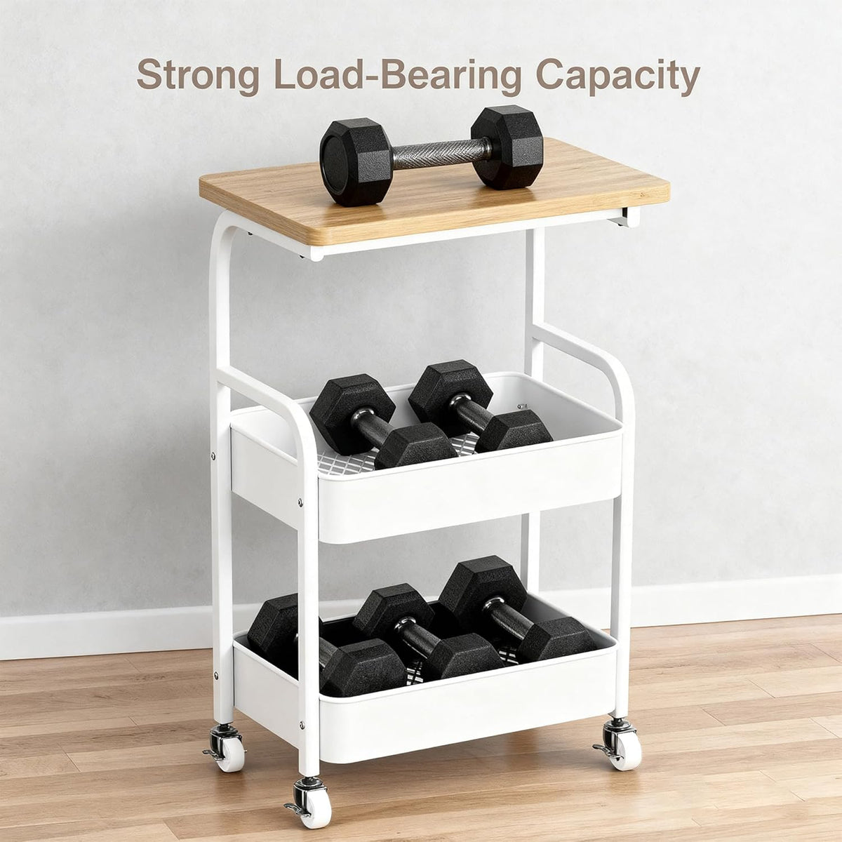 Rolling Cart with Wooden Tabletop 3-Tier Metal Utility Rolling Cart Storage Organizer with Lockable