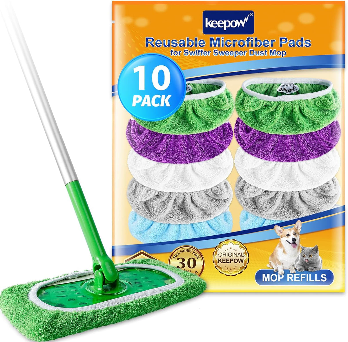 KEEPOW Reusable Microfiber Mop Pads for Swiffer Sweeper Mop, Washable Wet Pad Refills for Wet & Dry