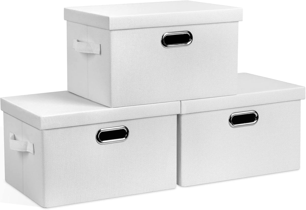 Medium 15" 21 Quart Collapsible Stackable Storage Bins with Lids, 3 Packs White Foldable Fabric