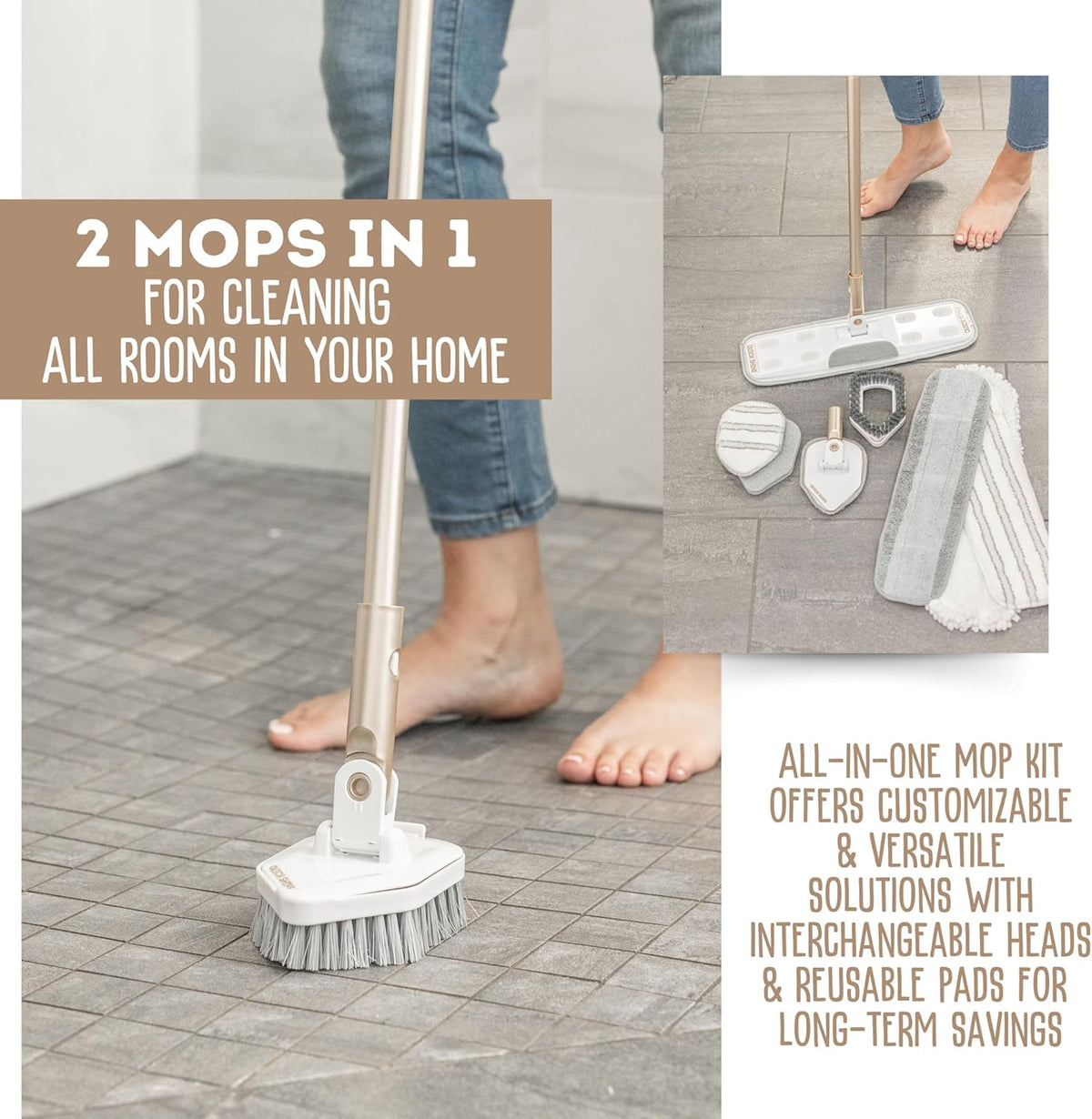 Quick Shine Ultimate Gold Clean + Polish Mop Kit | All-in-One 11 Pc Kit w/Interchangeable
