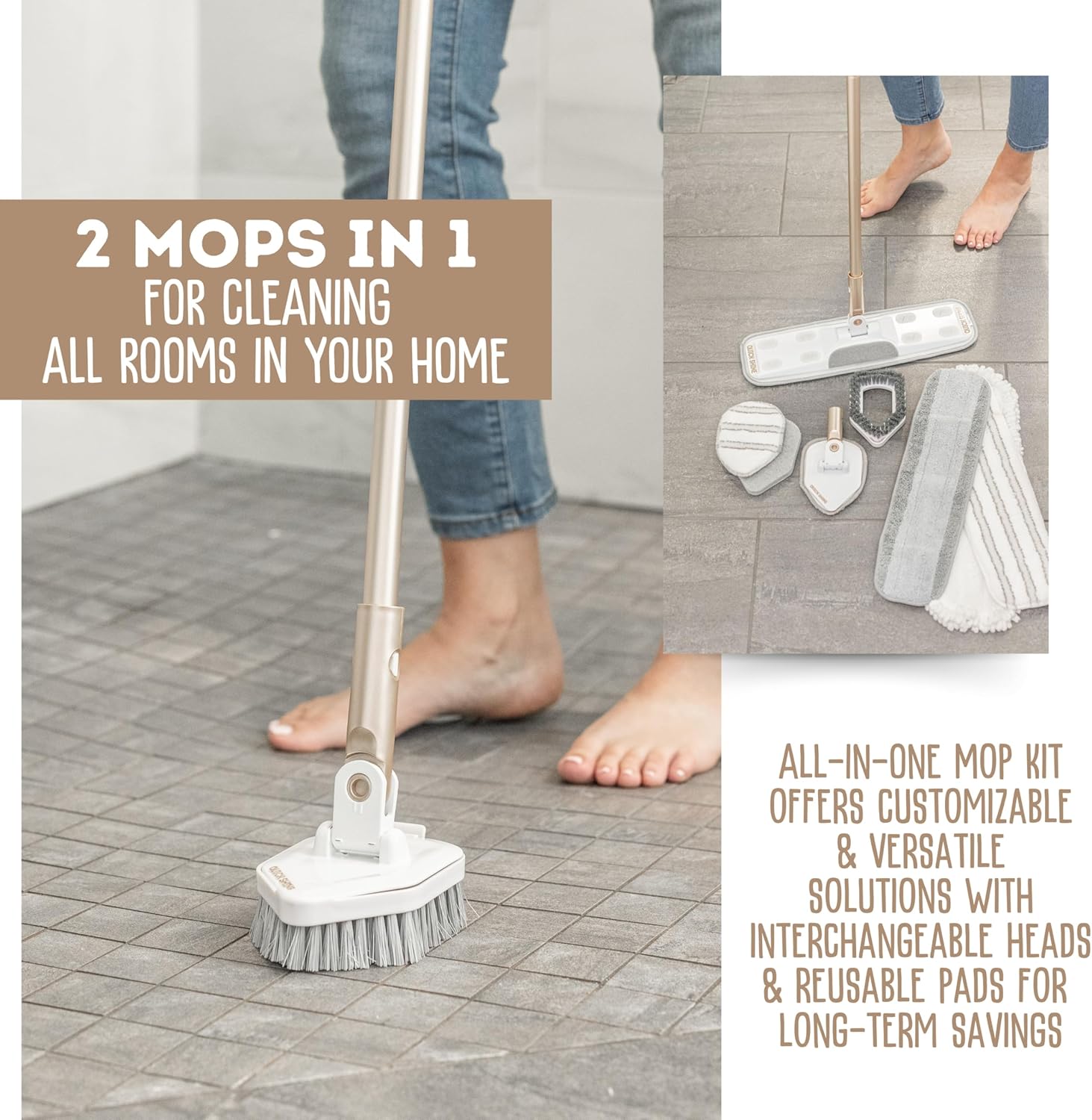 Quick Shine Ultimate Gold Clean + Polish Mop Kit | All-in-One 10 Pc Kit w/Interchangeable