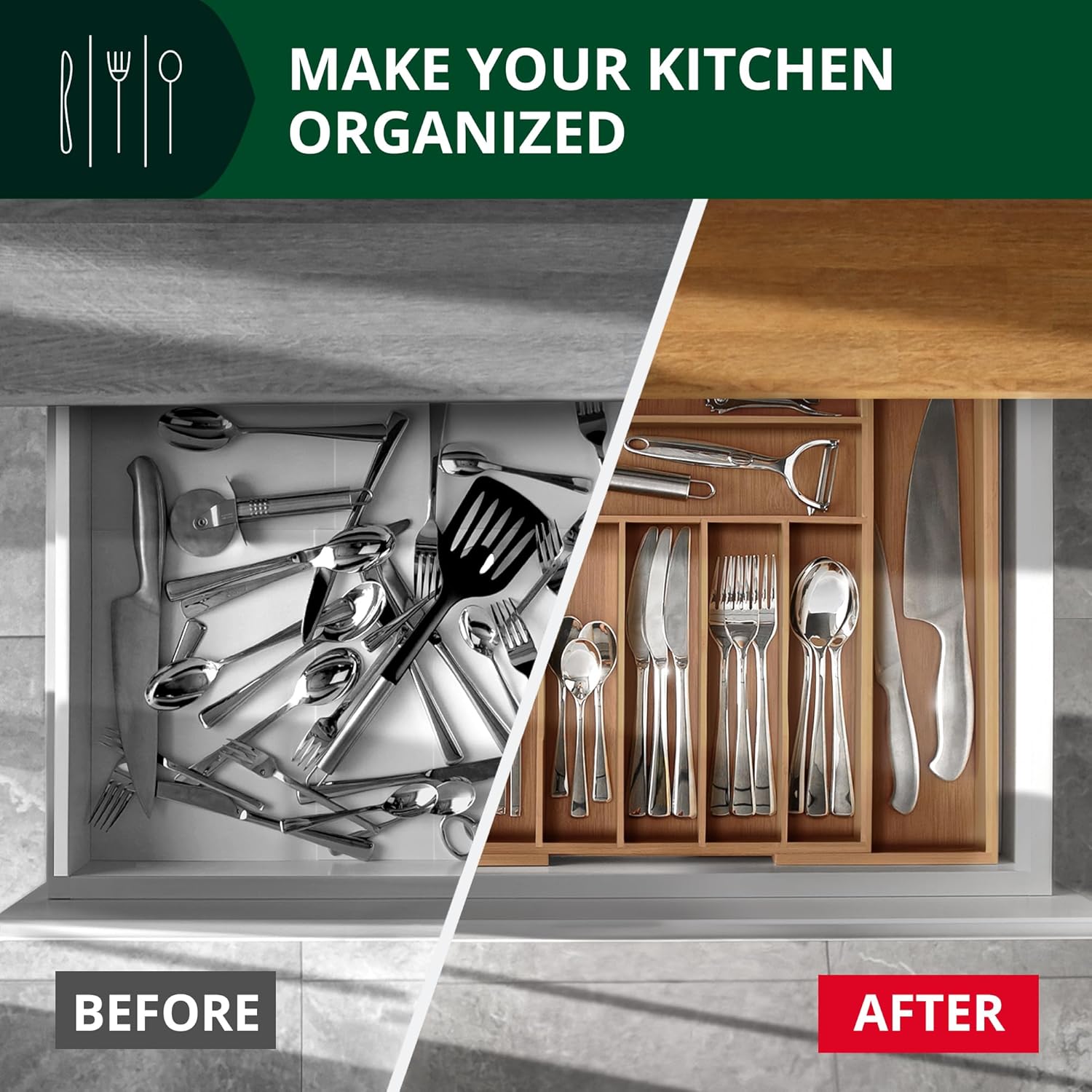 ROYAL CRAFT WOOD Luxury Bamboo Kitchen Drawer Organizer - Silverware Organizer - Utensil Holder and