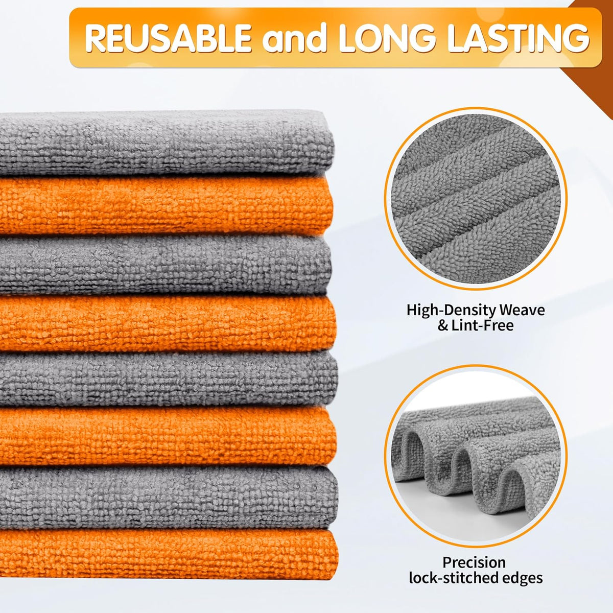 FIXSMITH Microfiber Cleaning Cloth -Pack of 8, Highly Absorbent Cleaning Rags(Grey&Orange), 16"X12"