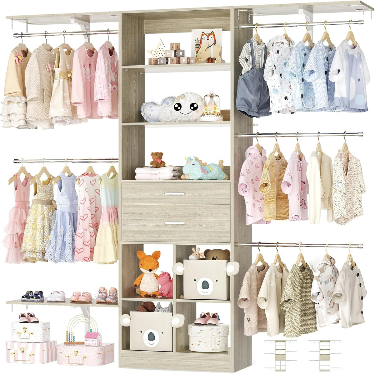 5FT Small Closet System, Baby Closet Organizer System with Wooden Drawers, 60 Inches Walk in Closet