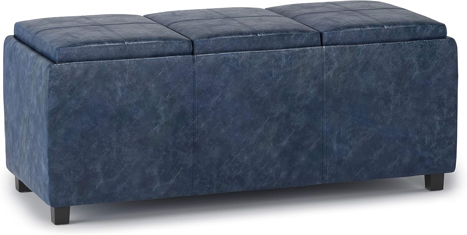 SIMPLIHOME Avalon 42 inch Wide Contemporary Rectangle Storage Ottoman in Denim Blue Vegan Faux