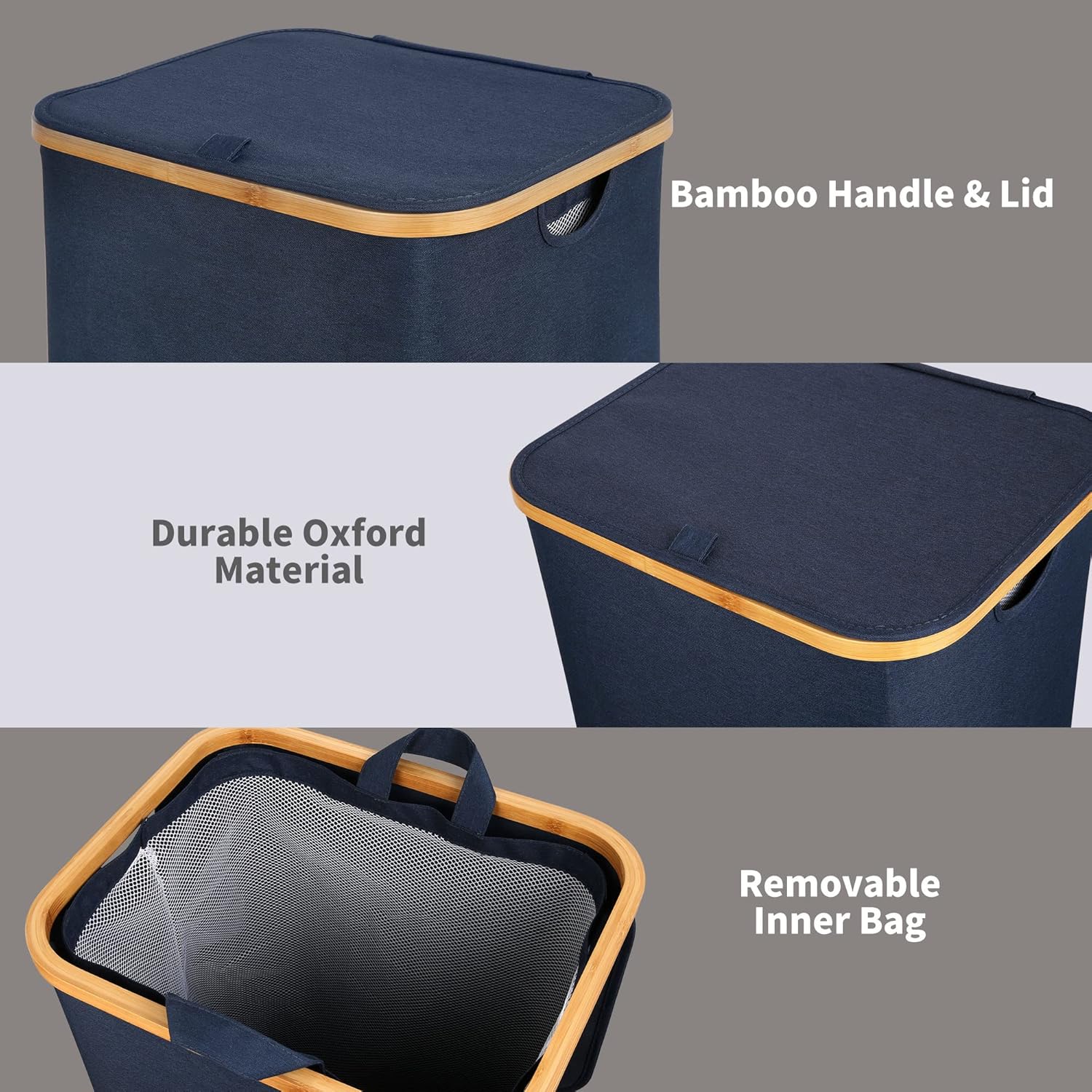efluky Laundry Basket with Lid and Removable Bag, 100L Tall Laundry Hamper with Bamboo Handles
