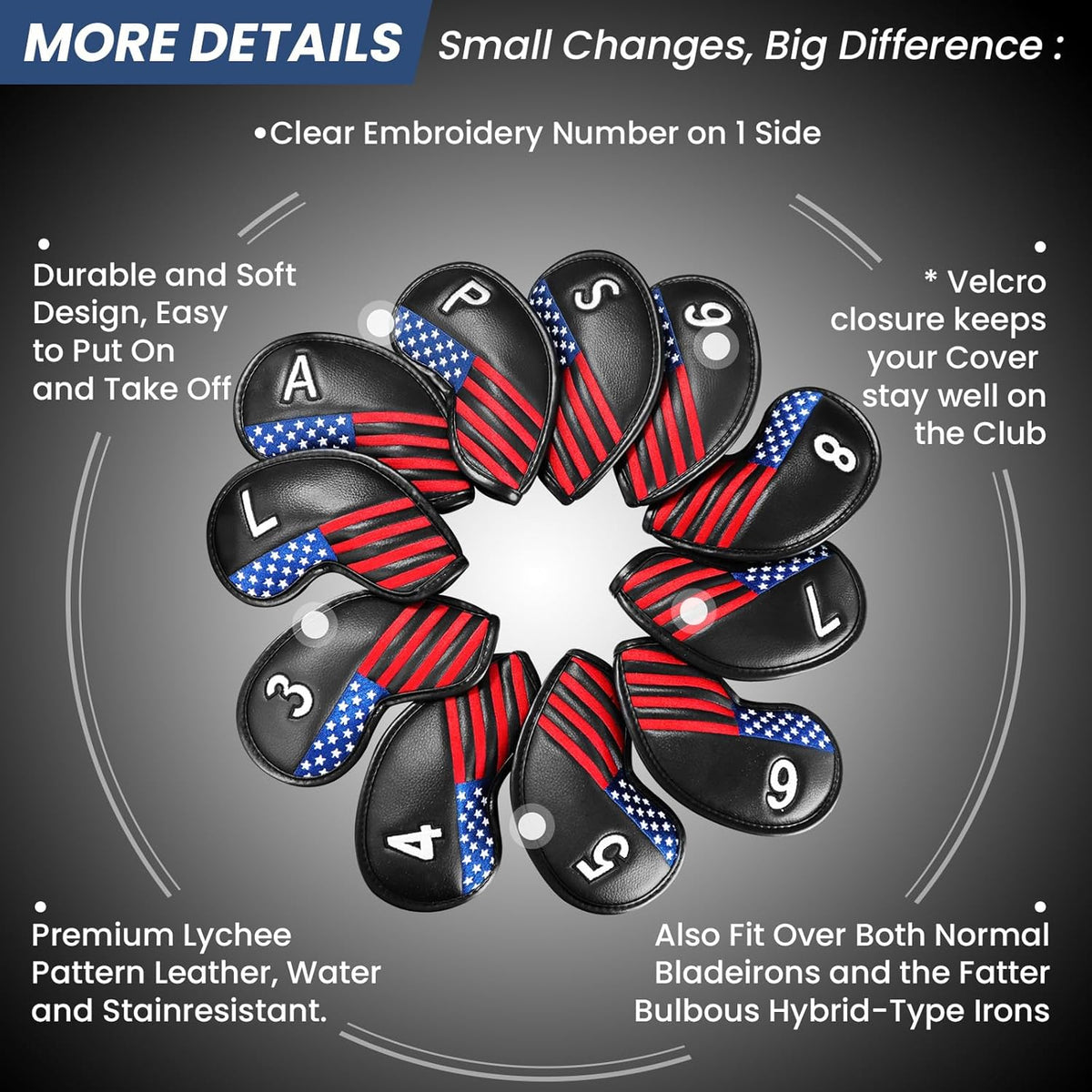 FINGER TEN Golf Club Covers for Irons Magnetic Value 11 Pack, Synthetic Leather Deluxe Head Cover