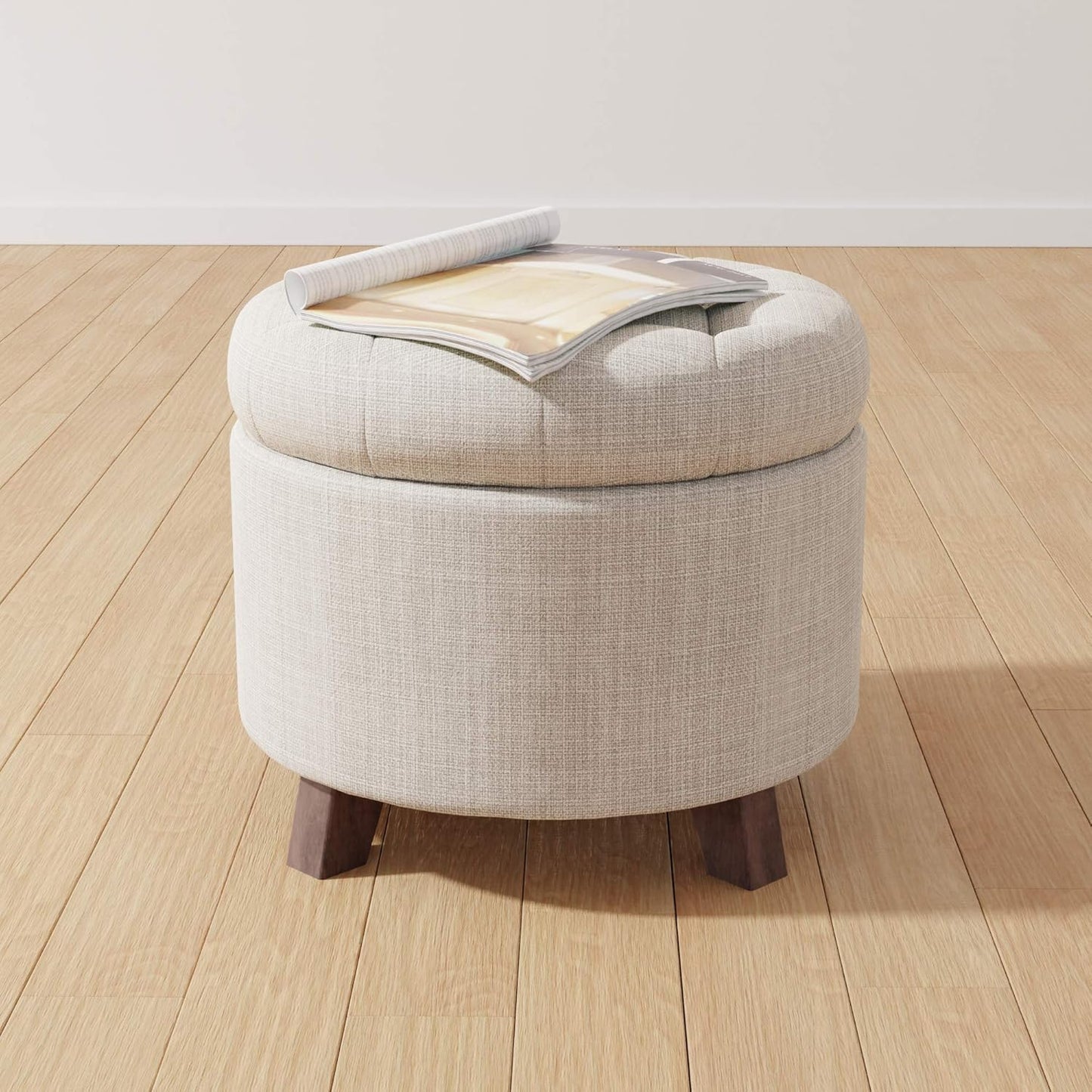 Amazon Basics Round Linen Ottoman with Storage, Tufted Upholstered Footstool for Living Room and