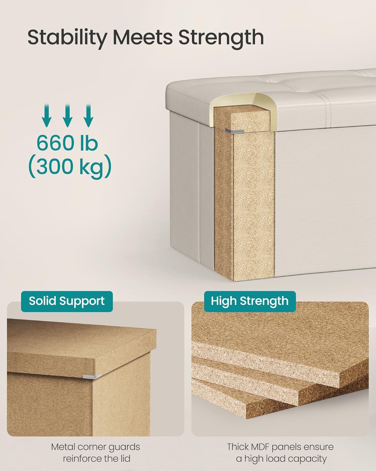 SONGMICS Mazie Collection - 43 Inches Folding Storage Ottoman Bench, Ottoman with Storage, Foot