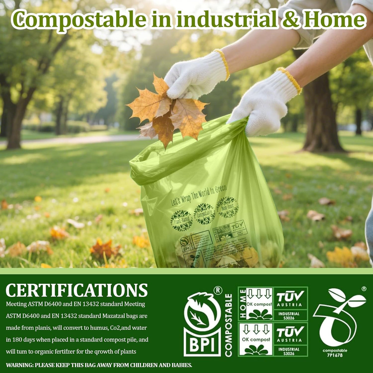 10-13 Gallon Compostable Trash Bags Handle-Tie, Heavy Duty Thick 0.87 Mil, 49.21 Liter, 30 Bags