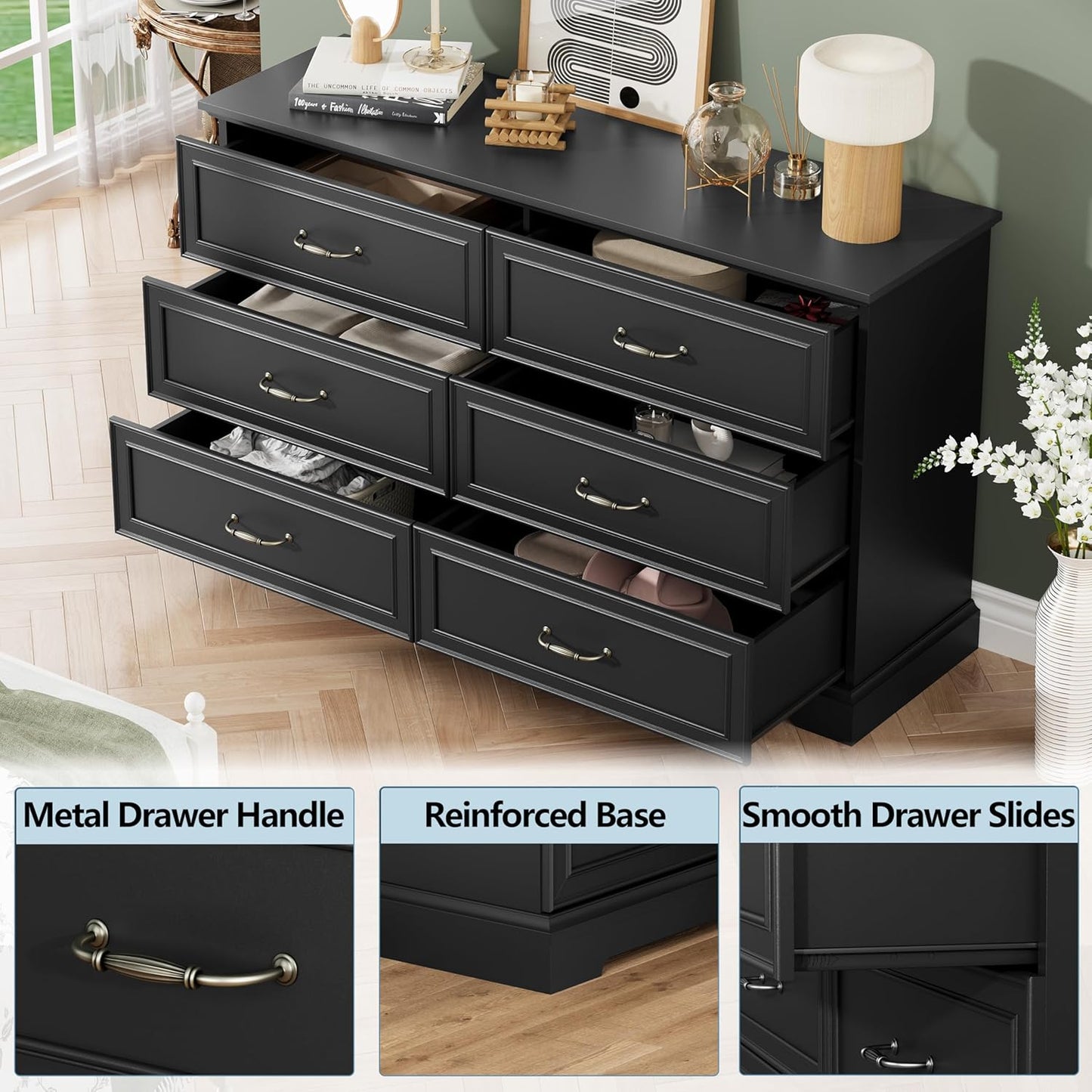 6 Drawer Dresser for Bedroom, 53" Wide Wooden Chest of Drawers, Rustic Farmhouse Dresser with Large
