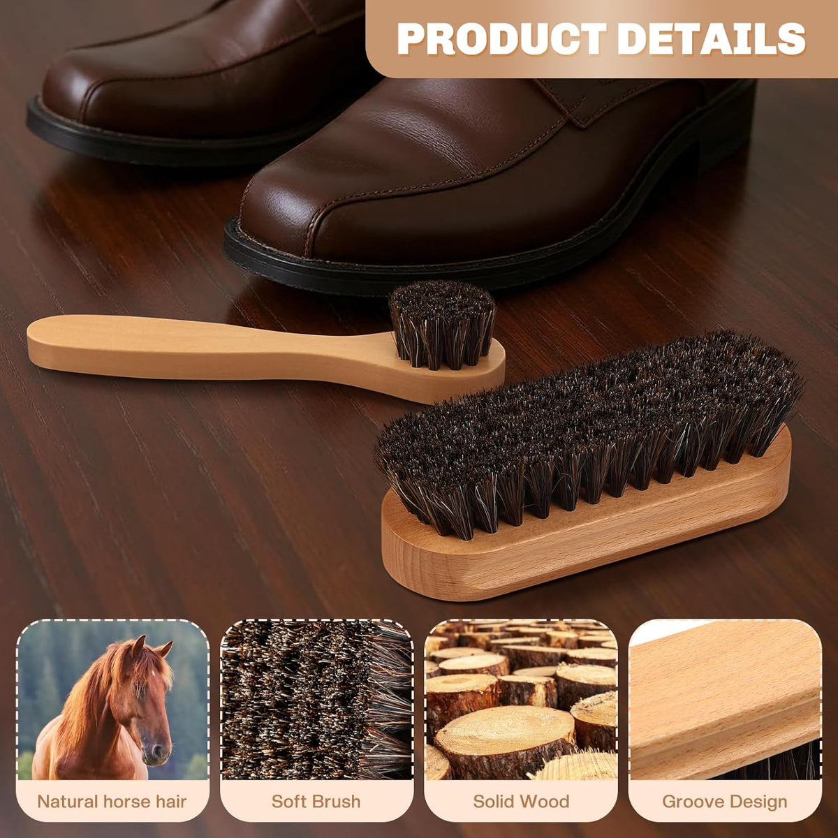 2 Pcs Horsehair Shine Shoes Brush Kit Polish Dauber Applicators Cleaning Leather Shoes Boots Care