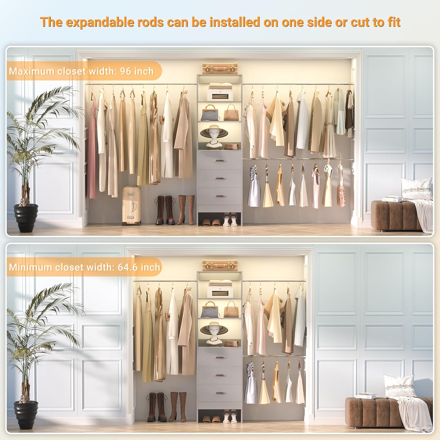 96'' Closet Organizer System with 3 Hanging Rods (Without 3 Storage Shelves), 8FT Closet Systems