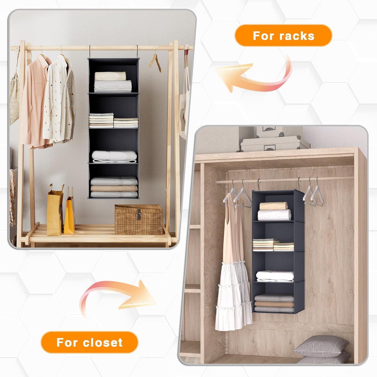 Hanging Closet Organizer, Easy Mount Foldable 4-Shelf Hanging Closet Wardrobe Storage Shelves