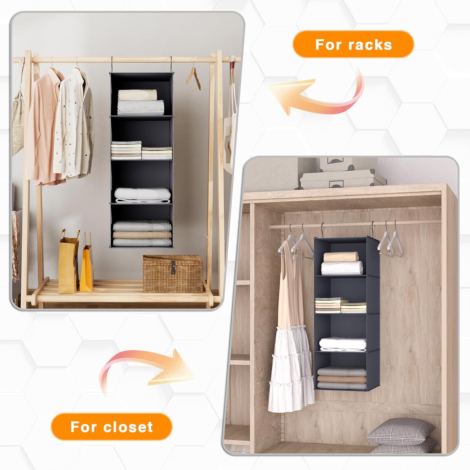 Hanging Closet Organizer, Easy Mount Foldable 4-Shelf Hanging Closet Wardrobe Storage Shelves